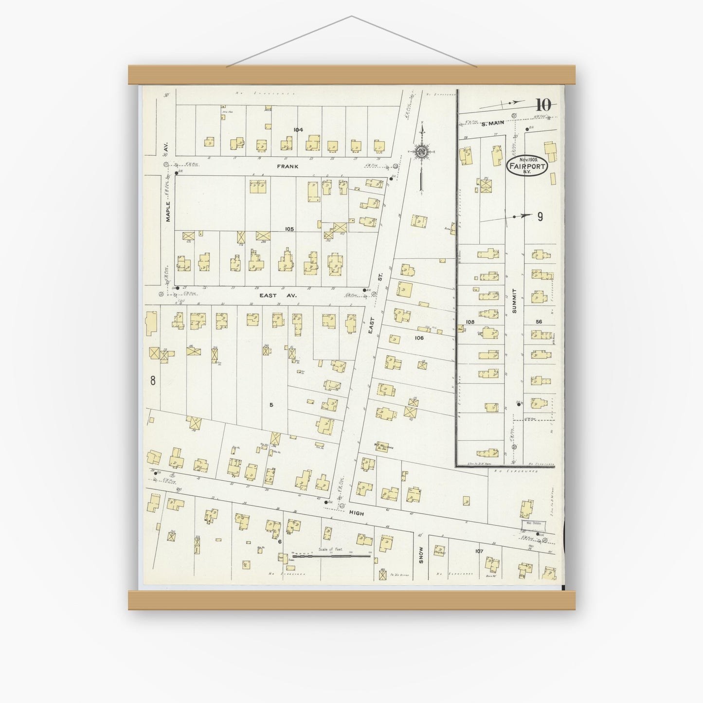 Old map wall art mockup — magnetic wood frame on white wall — Sanborn Fire Insurance Map from Fairport, Monroe County, New York (1909), Sheet #0010