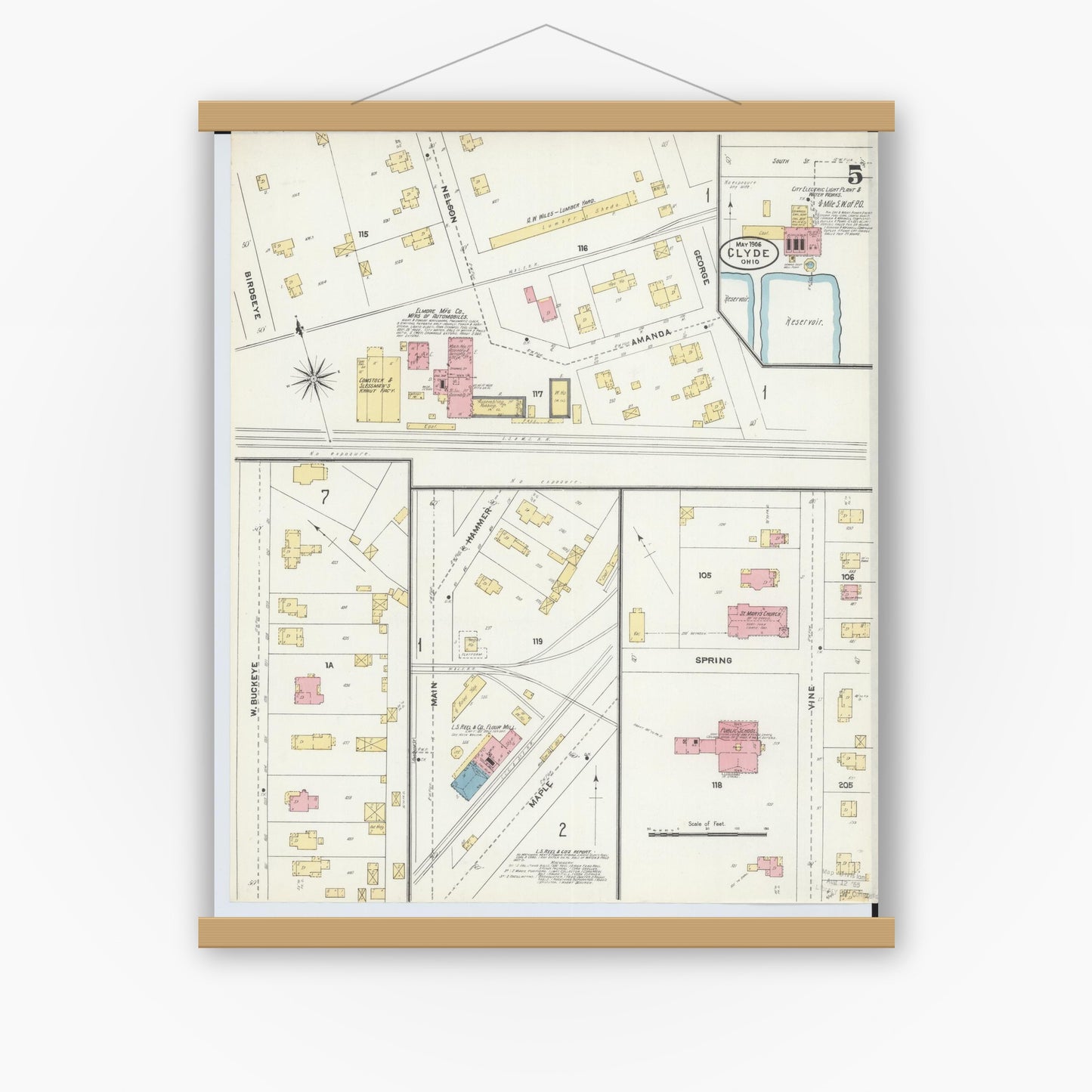 Old map wall art mockup — magnetic wood frame on white wall — Sanborn Fire Insurance Map from Clyde, Sandusky County, Ohio (1906), Sheet #0005