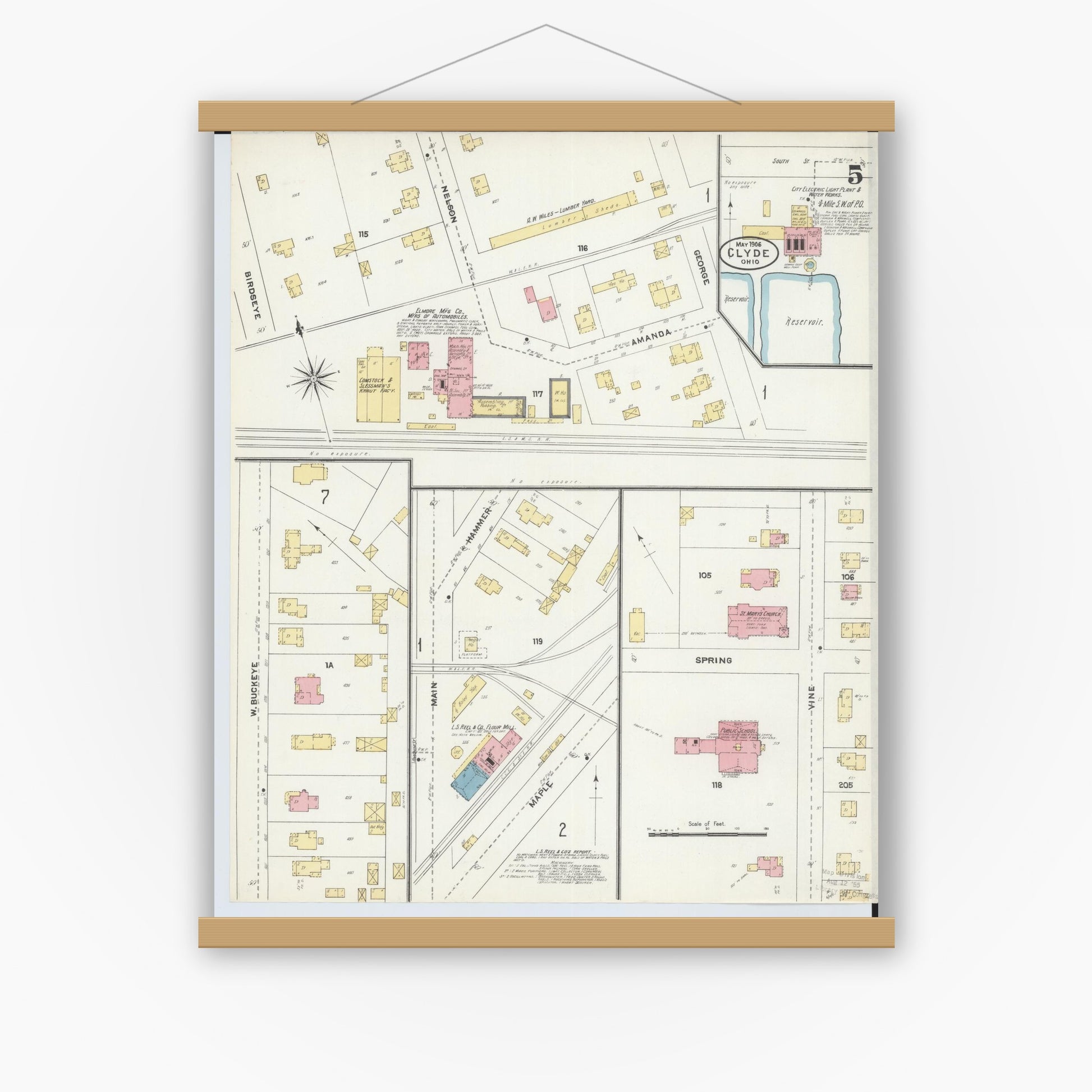 Old map wall art mockup — magnetic wood frame on white wall — Sanborn Fire Insurance Map from Clyde, Sandusky County, Ohio (1906), Sheet #0005