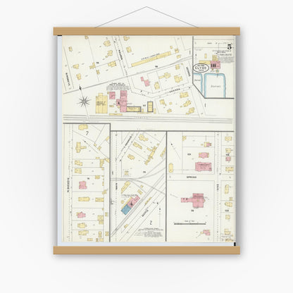 Old map wall art mockup — magnetic wood frame on white wall — Sanborn Fire Insurance Map from Clyde, Sandusky County, Ohio (1906), Sheet #0005