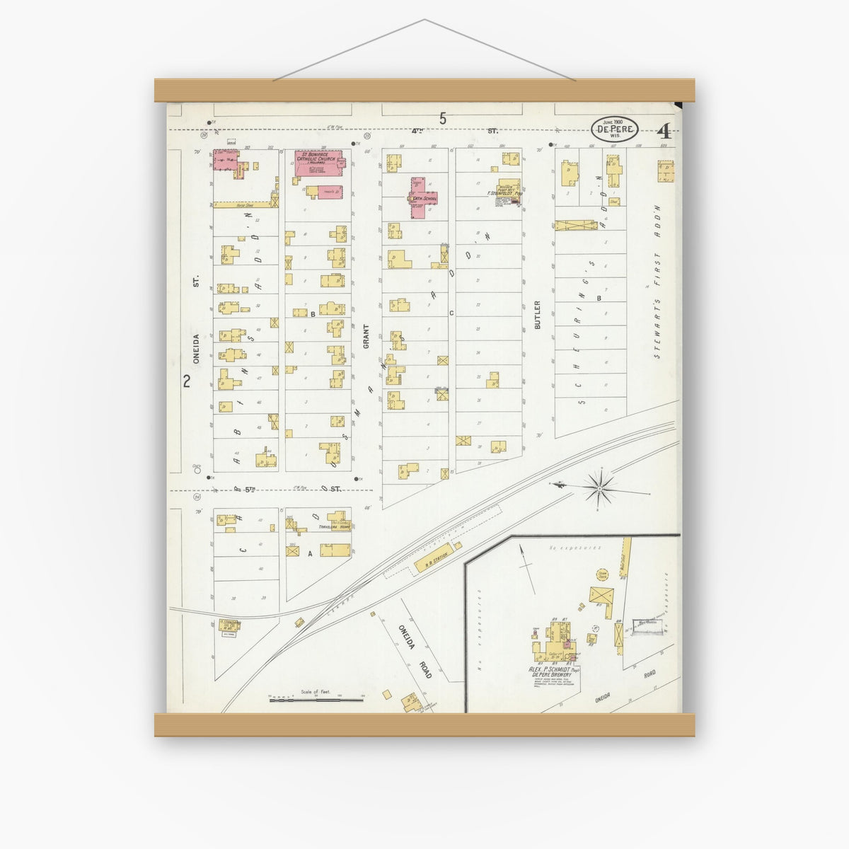 Old map wall art mockup — magnetic wood frame on white wall — Sanborn Fire Insurance Map from De Pere, Brown County, Wisconsin (1900), Sheet #0004