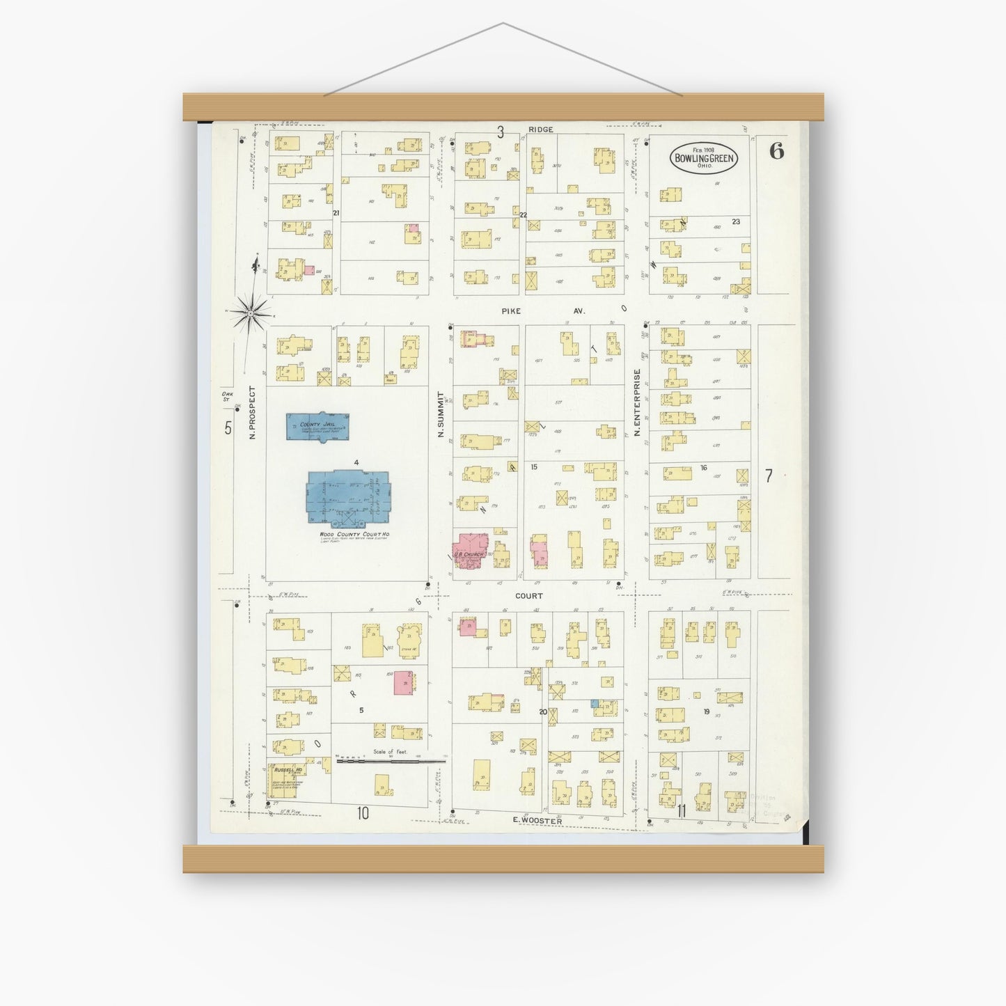 Old map wall art mockup — magnetic wood frame on white wall — Sanborn Fire Insurance Map from Bowling Green, Wood County, Ohio (1908), Sheet #0006