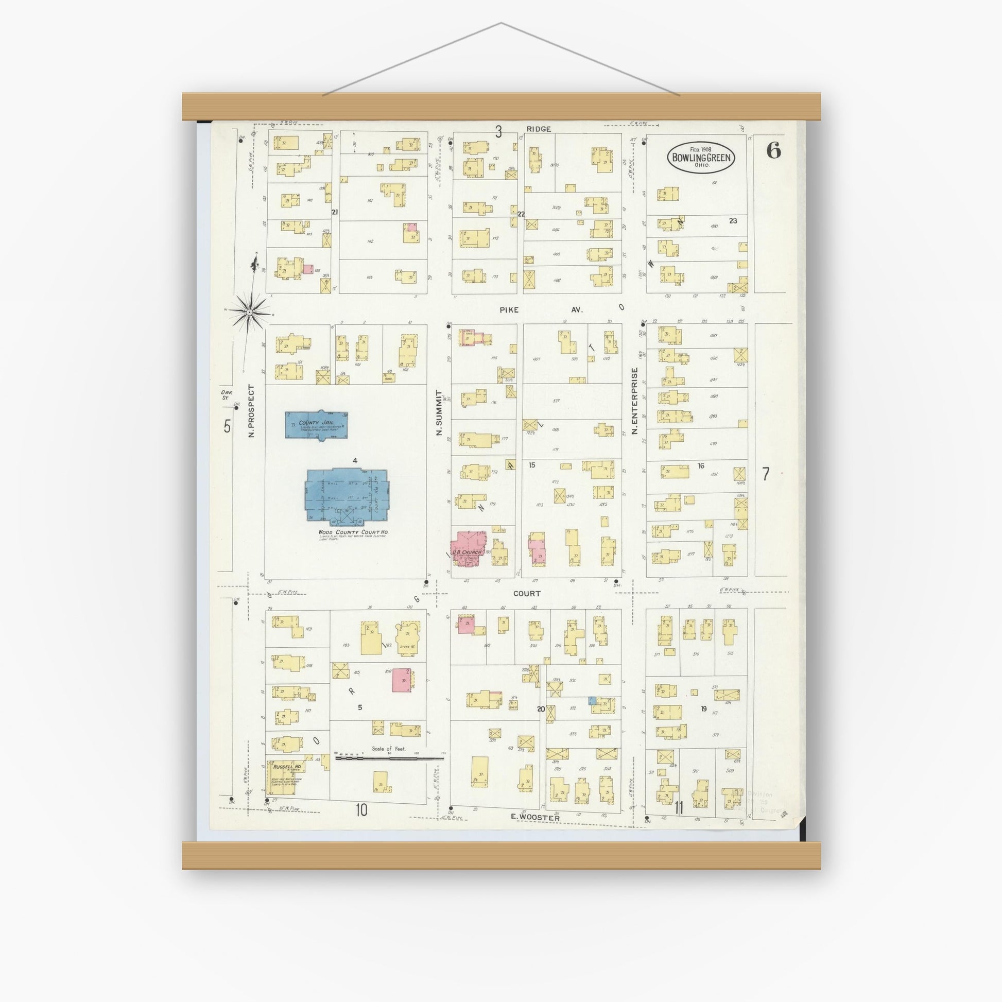 Old map wall art mockup — magnetic wood frame on white wall — Sanborn Fire Insurance Map from Bowling Green, Wood County, Ohio (1908), Sheet #0006