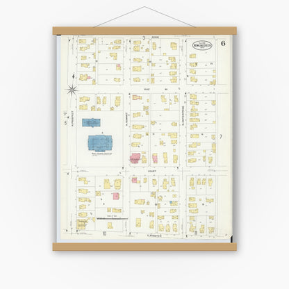 Old map wall art mockup — magnetic wood frame on white wall — Sanborn Fire Insurance Map from Bowling Green, Wood County, Ohio (1908), Sheet #0006