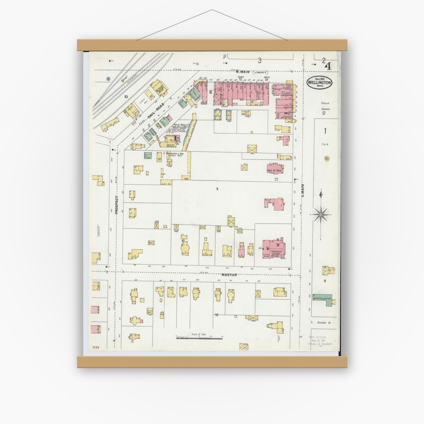 Old map wall art mockup — magnetic wood frame on white wall — Sanborn Fire Insurance Map from Wellington, Lorain County, Ohio (1899), Sheet #0004