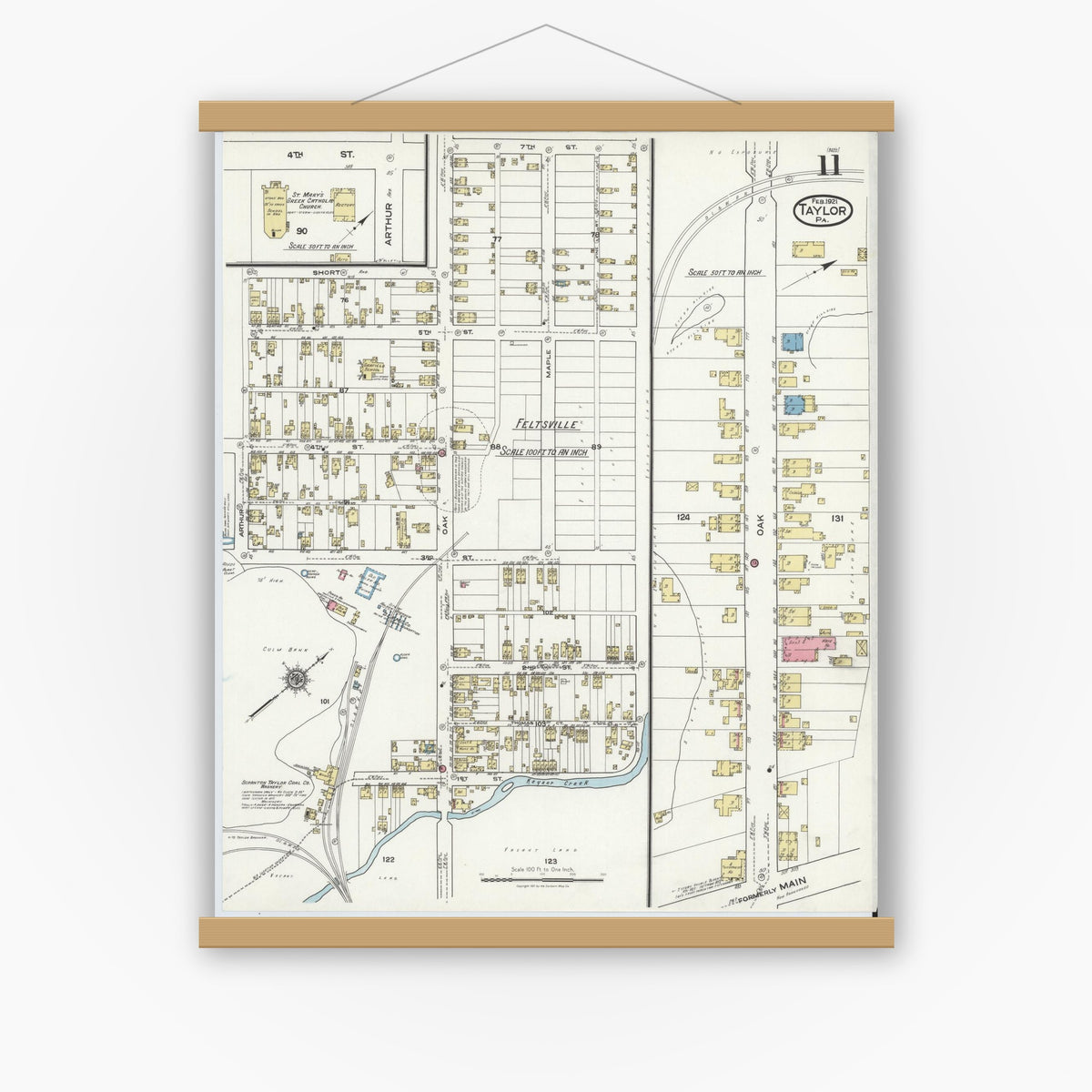 Old map wall art mockup — magnetic wood frame on white wall — Sanborn Fire Insurance Map from Taylor, Lackawanna County, Pennsylvania (1921), Sheet #0011