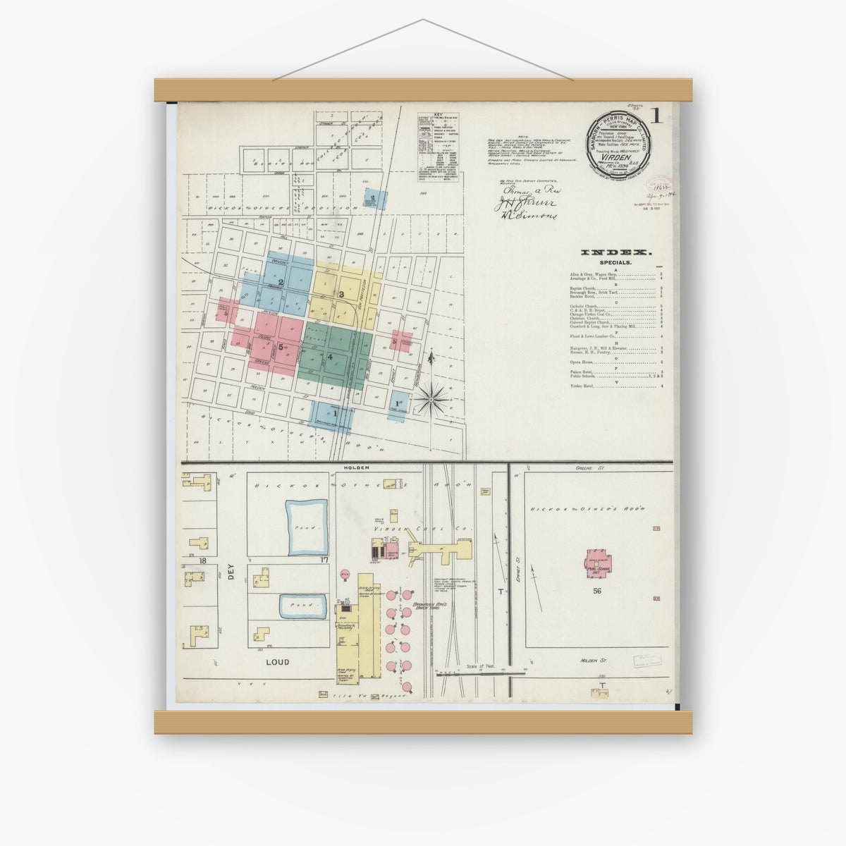 Old map wall art mockup — magnetic wood frame on white wall — Sanborn Fire Insurance Map from Virden, Macoupin County, Illinois (1894) - Complete Map Set