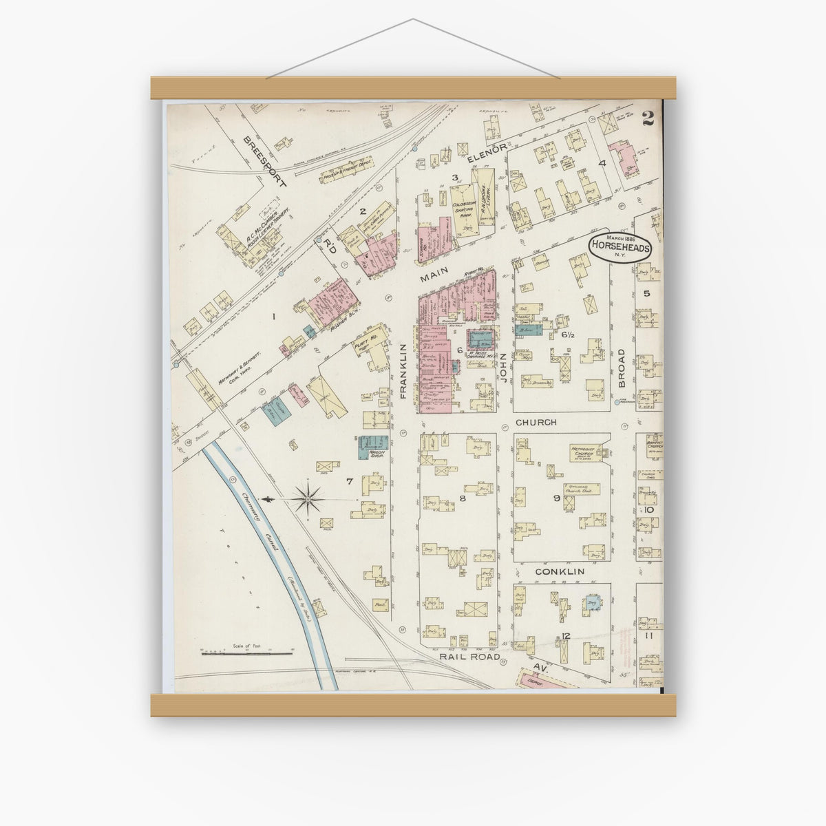 Old map wall art mockup — magnetic wood frame on white wall — Sanborn Fire Insurance Map from Horseheads, Chemung County, New York (1886), Sheet #0002