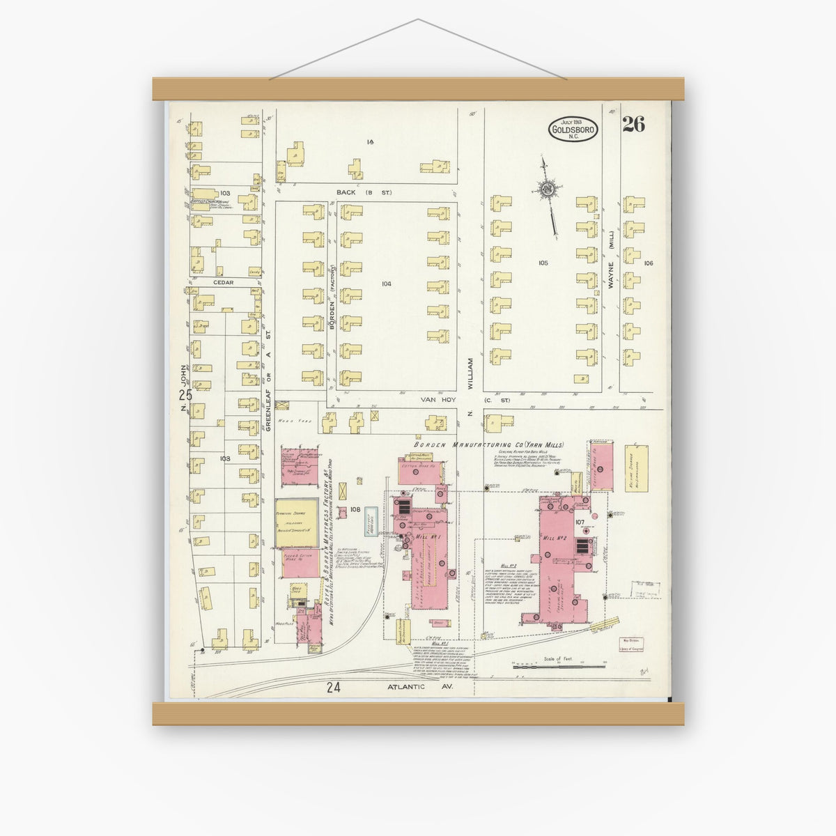 Old map wall art mockup — magnetic wood frame on white wall — Sanborn Fire Insurance Map from Goldsboro, Wayne County, North Carolina (1913), Sheet #0026