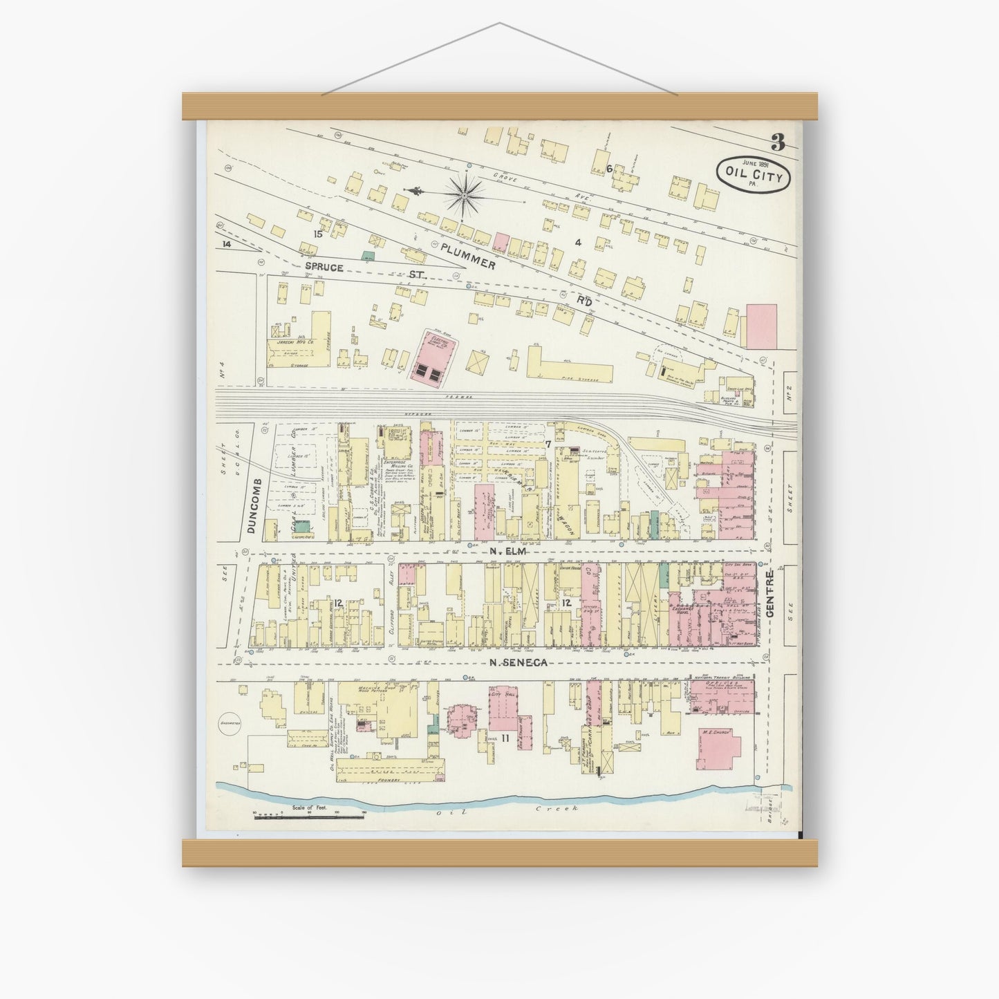 Old map wall art mockup — magnetic wood frame on white wall — Sanborn Fire Insurance Map from Oil City, Venango County, Pennsylvania (1891), Sheet #0003