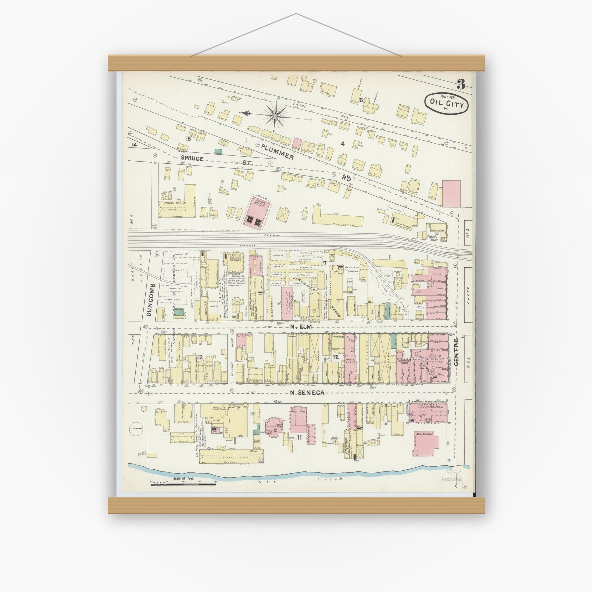 Old map wall art mockup — magnetic wood frame on white wall — Sanborn Fire Insurance Map from Oil City, Venango County, Pennsylvania (1891), Sheet #0003