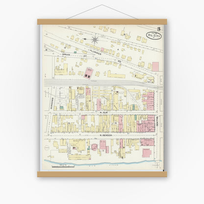 Old map wall art mockup — magnetic wood frame on white wall — Sanborn Fire Insurance Map from Oil City, Venango County, Pennsylvania (1891), Sheet #0003