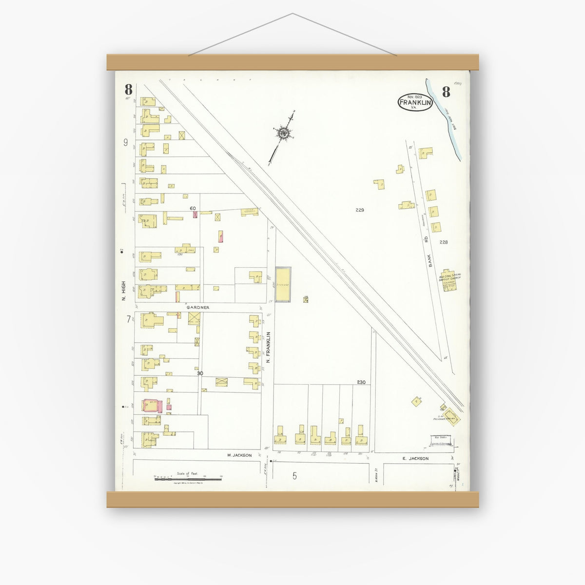 Old map wall art mockup — magnetic wood frame on white wall — Sanborn Fire Insurance Map from Franklin, Independent Cities, Virginia (1923), Sheet #0008