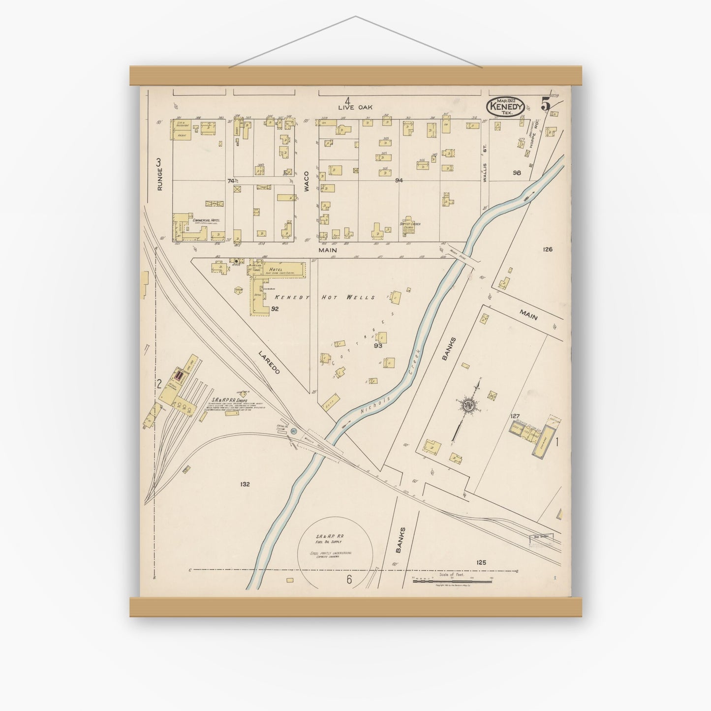 Old map wall art mockup — magnetic wood frame on white wall — Sanborn Fire Insurance Map from Kenedy, Karnes County, Texas (1922), Sheet #0005