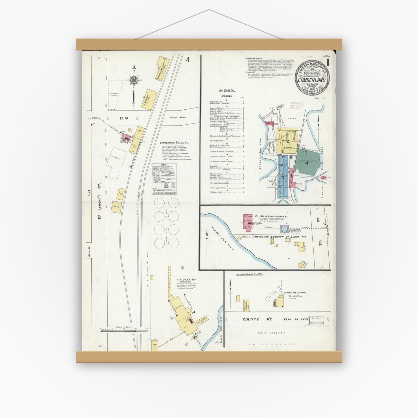 Old map wall art mockup — magnetic wood frame on white wall — Sanborn Fire Insurance Map from Cumberland, Barron County, Wisconsin (1909) - Complete Map Set