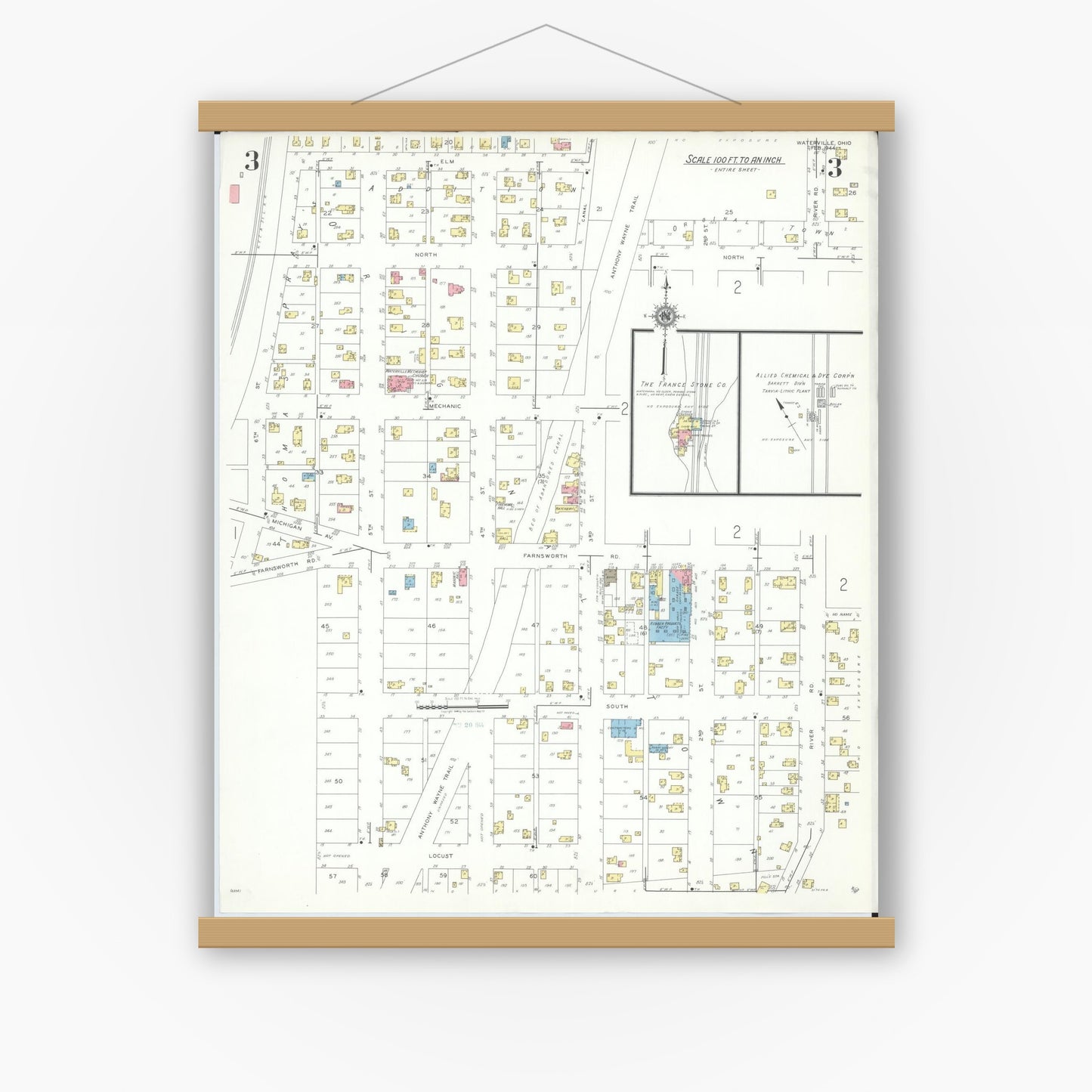 Old map wall art mockup — magnetic wood frame on white wall — Sanborn Fire Insurance Map from Waterville, Lucas County, Ohio (1944), Sheet #0003