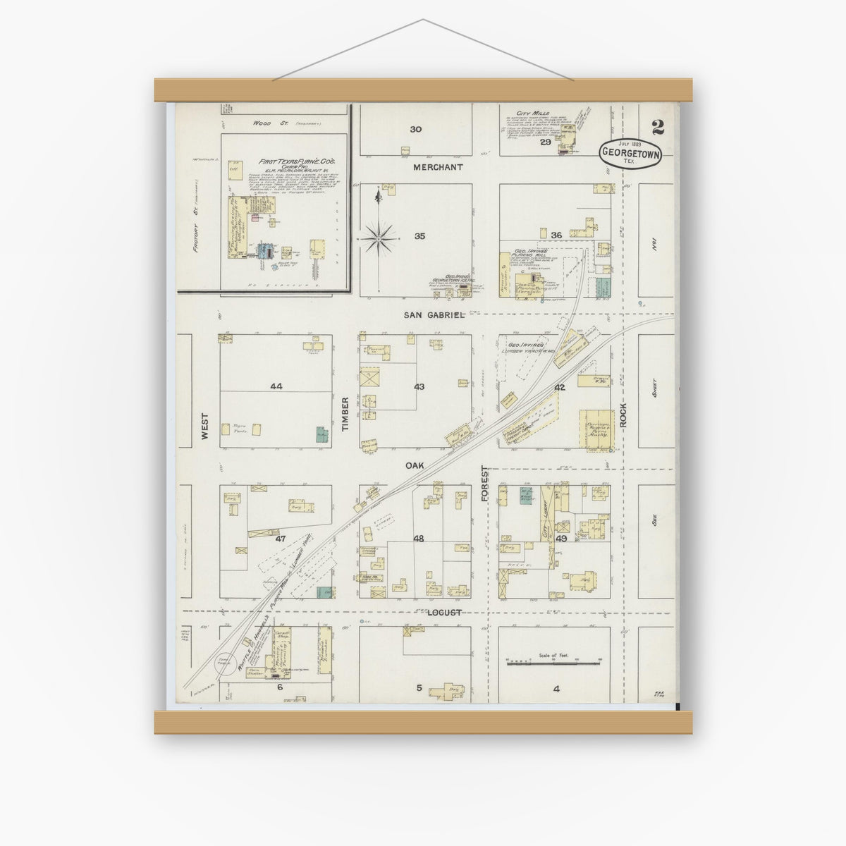 Old map wall art mockup — magnetic wood frame on white wall — Sanborn Fire Insurance Map from Georgetown, Williamson County, Texas (1889), Sheet #0002