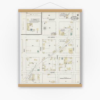 Old map wall art mockup — magnetic wood frame on white wall — Sanborn Fire Insurance Map from Georgetown, Williamson County, Texas (1889), Sheet #0002