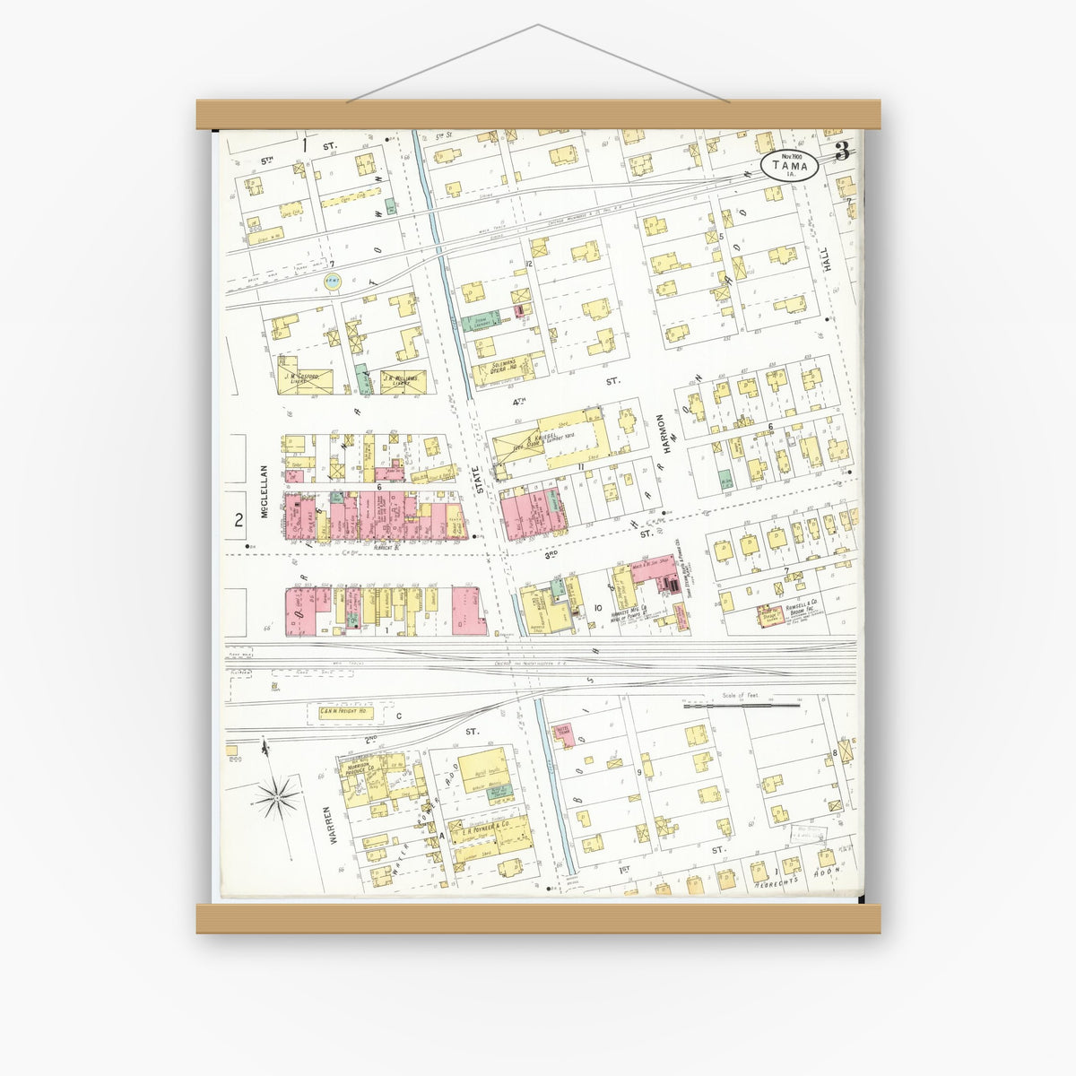 Old map wall art mockup — magnetic wood frame on white wall — Sanborn Fire Insurance Map from Tama, Tama County, Iowa (1900), Sheet #0003