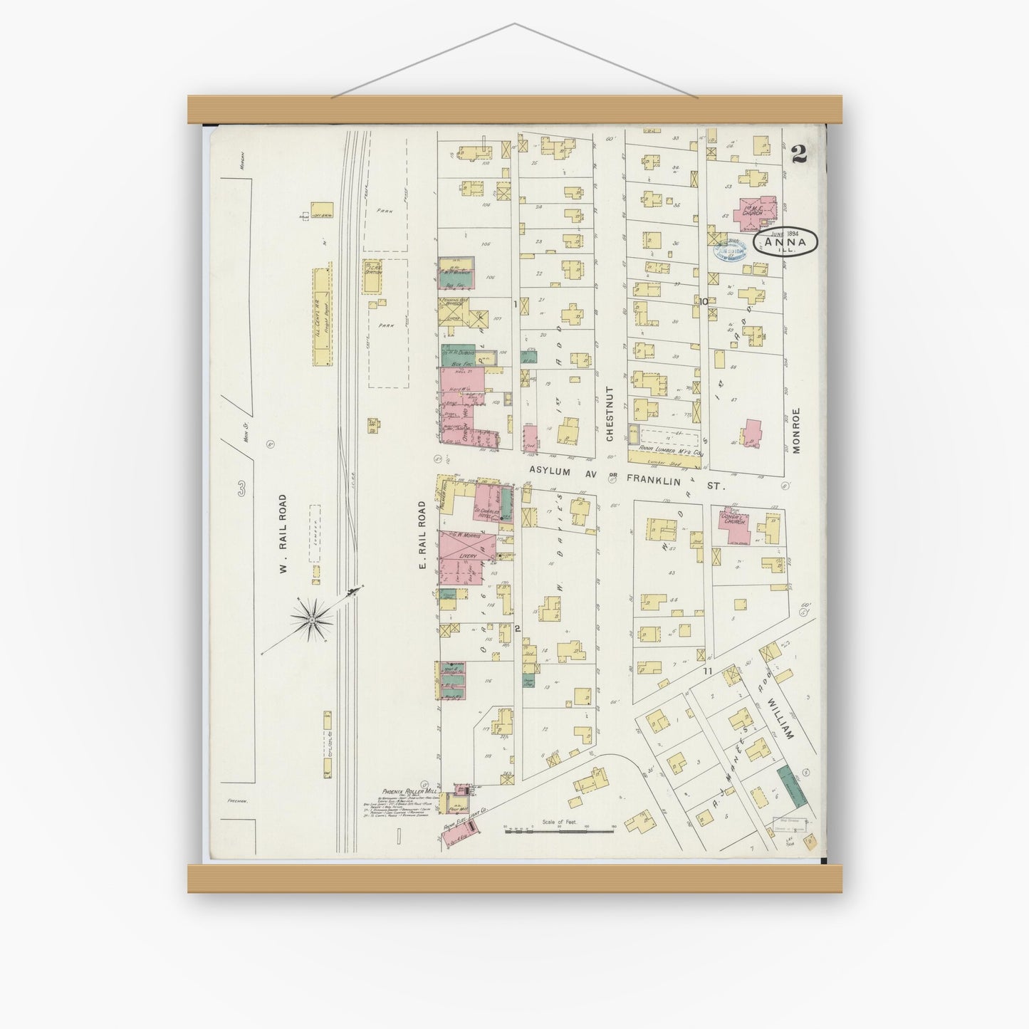 Old map wall art mockup — magnetic wood frame on white wall — Sanborn Fire Insurance Map from Anna, Union County, Illinois (1894), Sheet #0002
