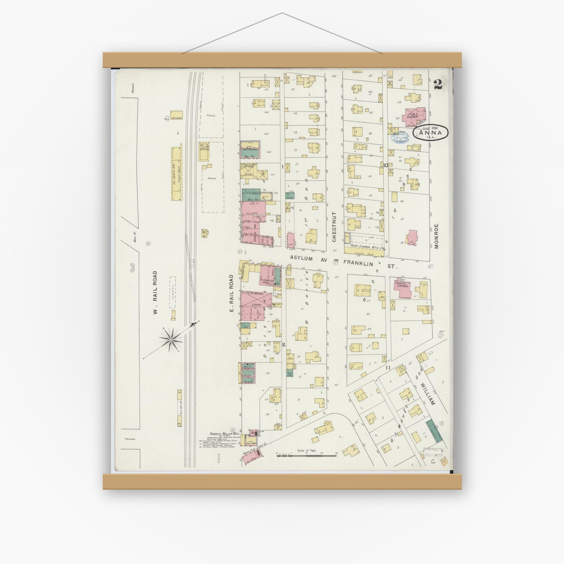 Old map wall art mockup — magnetic wood frame on white wall — Sanborn Fire Insurance Map from Anna, Union County, Illinois (1894), Sheet #0002