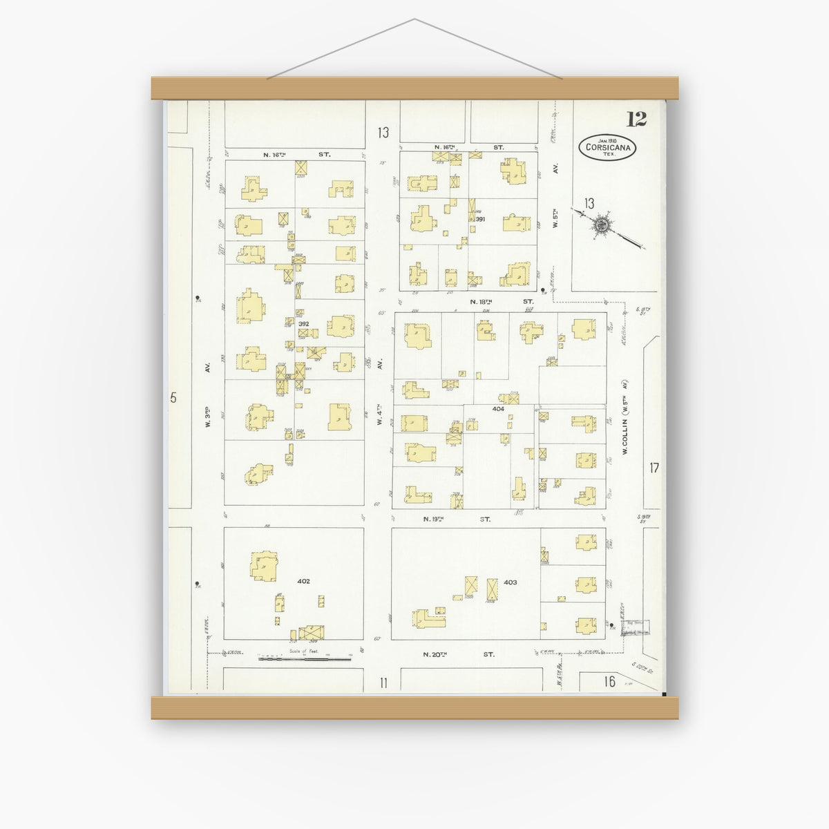Old map wall art mockup — magnetic wood frame on white wall — Sanborn Fire Insurance Map from Corsicana, Navarro County, Texas (1910), Sheet #0012