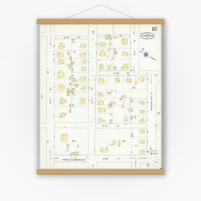 Old map wall art mockup — magnetic wood frame on white wall — Sanborn Fire Insurance Map from Corsicana, Navarro County, Texas (1910), Sheet #0012