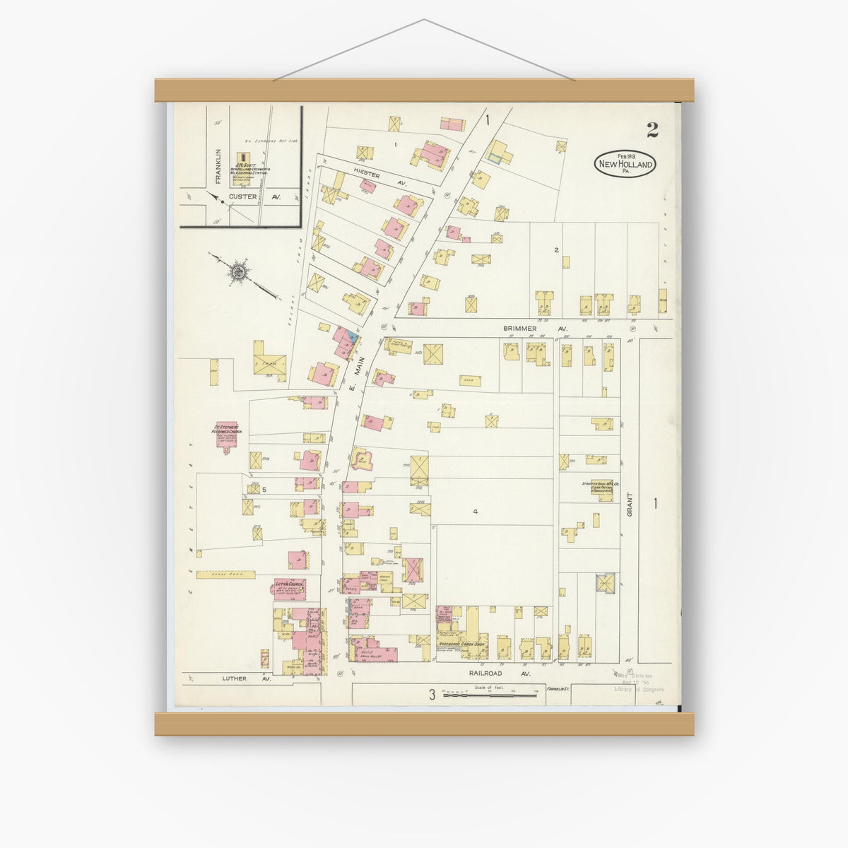 Old map wall art mockup — magnetic wood frame on white wall — Sanborn Fire Insurance Map from New Holland, Lancaster County, Pennsylvania (1913), Sheet #0002