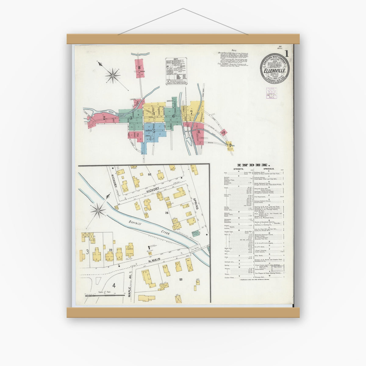 Old map wall art mockup — magnetic wood frame on white wall — Sanborn Fire Insurance Map from Ellenville, Ulster County, New York (1905), Sheet #0001