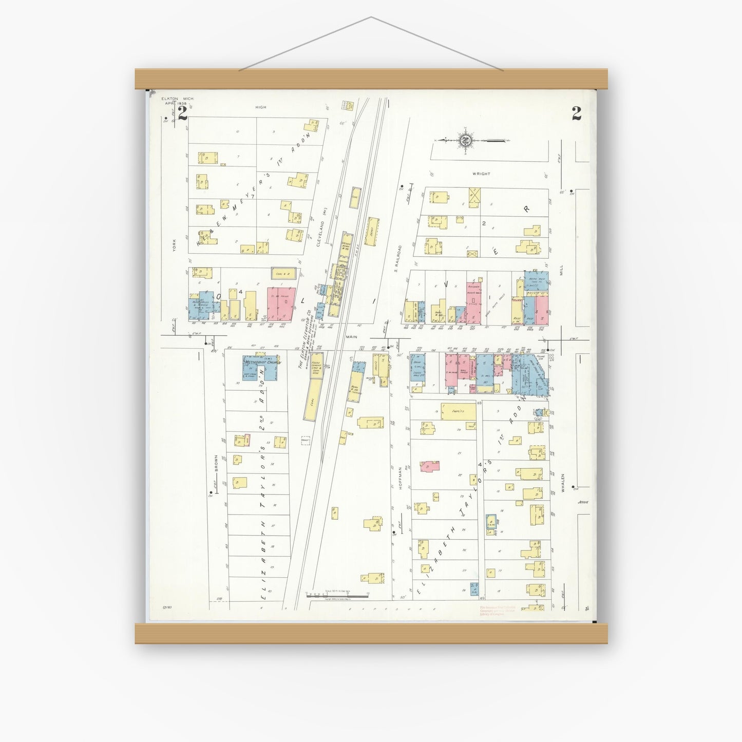 Old map wall art mockup — magnetic wood frame on white wall — Sanborn Fire Insurance Map from Elkton, Huron County, Michigan (1938), Sheet #0002