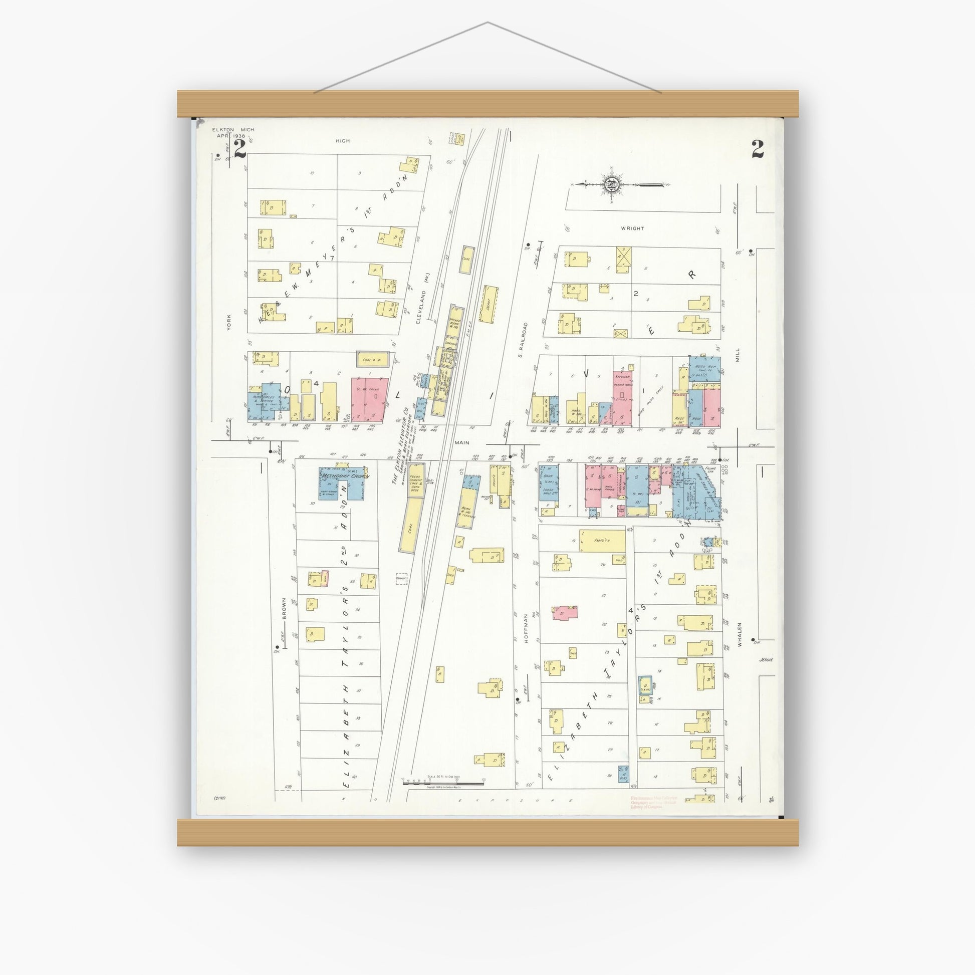 Old map wall art mockup — magnetic wood frame on white wall — Sanborn Fire Insurance Map from Elkton, Huron County, Michigan (1938), Sheet #0002