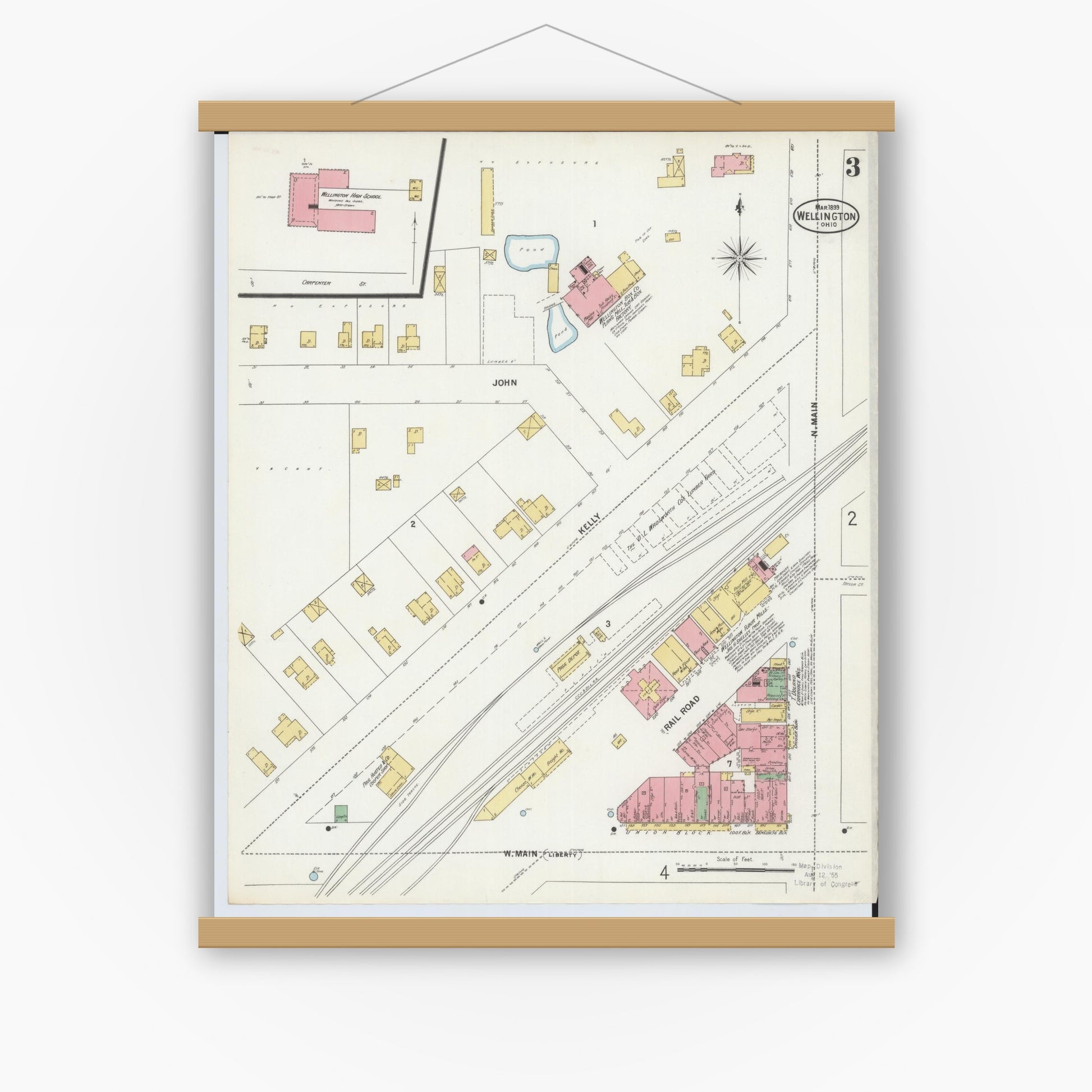 Old map wall art mockup — magnetic wood frame on white wall — Sanborn Fire Insurance Map from Wellington, Lorain County, Ohio (1899), Sheet #0003