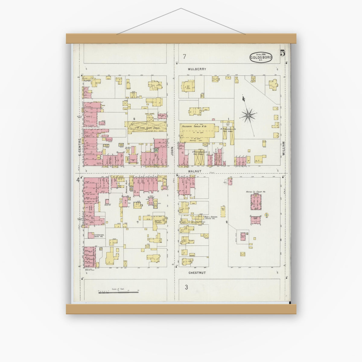 Old map wall art mockup — magnetic wood frame on white wall — Sanborn Fire Insurance Map from Goldsboro, Wayne County, North Carolina (1896), Sheet #0005