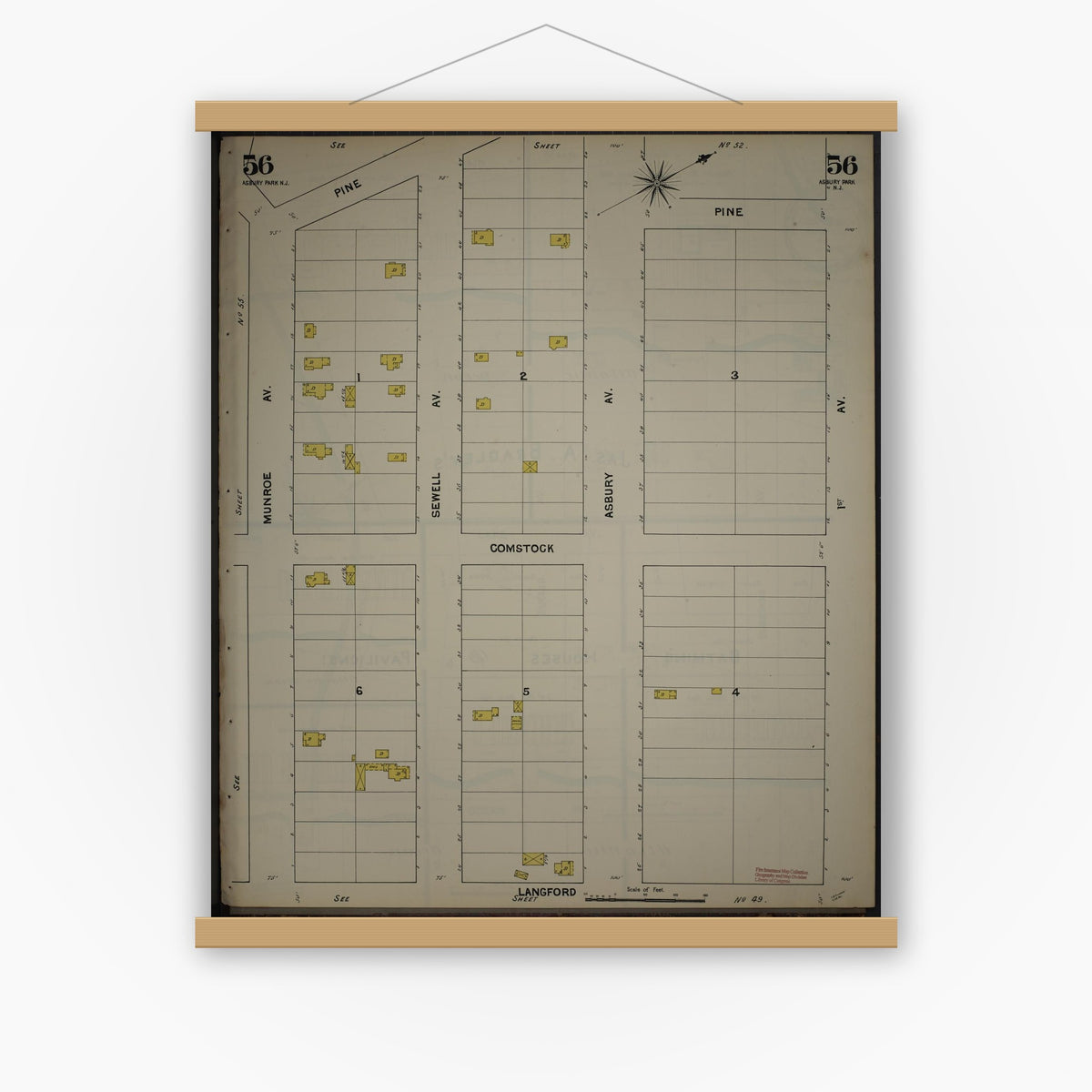 Old map wall art mockup — magnetic wood frame on white wall — Sanborn Fire Insurance Map from New Jersey Coast, New Jersey Coast, New Jersey (1890), Sheet #0056