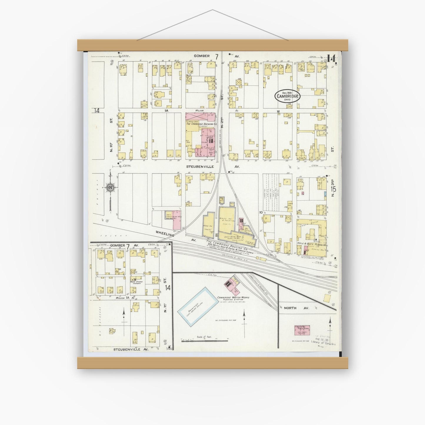 Old map wall art mockup — magnetic wood frame on white wall — Sanborn Fire Insurance Map from Cambridge, Guernsey County, Ohio (1909), Sheet #0014