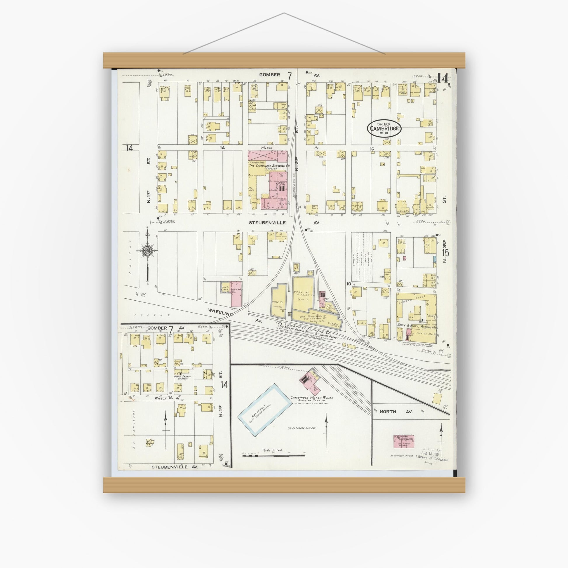 Old map wall art mockup — magnetic wood frame on white wall — Sanborn Fire Insurance Map from Cambridge, Guernsey County, Ohio (1909), Sheet #0014
