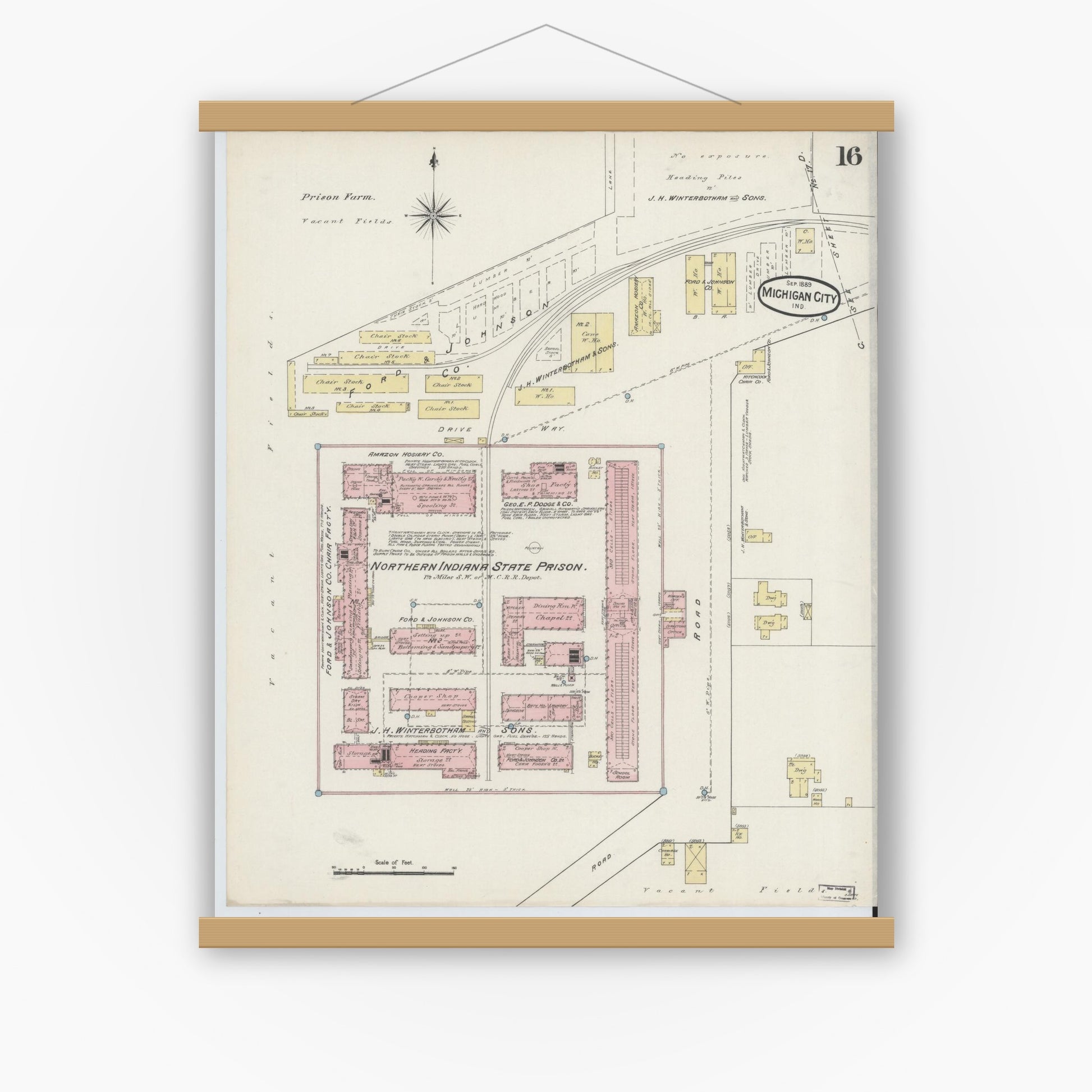 Old map wall art mockup — magnetic wood frame on white wall — Sanborn Fire Insurance Map from Michigan City, La Porte County, Indiana (1889), Sheet #0016