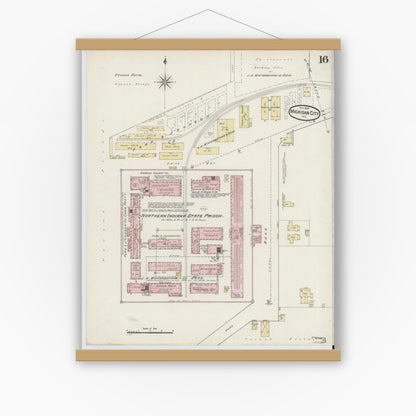 Old map wall art mockup — magnetic wood frame on white wall — Sanborn Fire Insurance Map from Michigan City, La Porte County, Indiana (1889), Sheet #0016