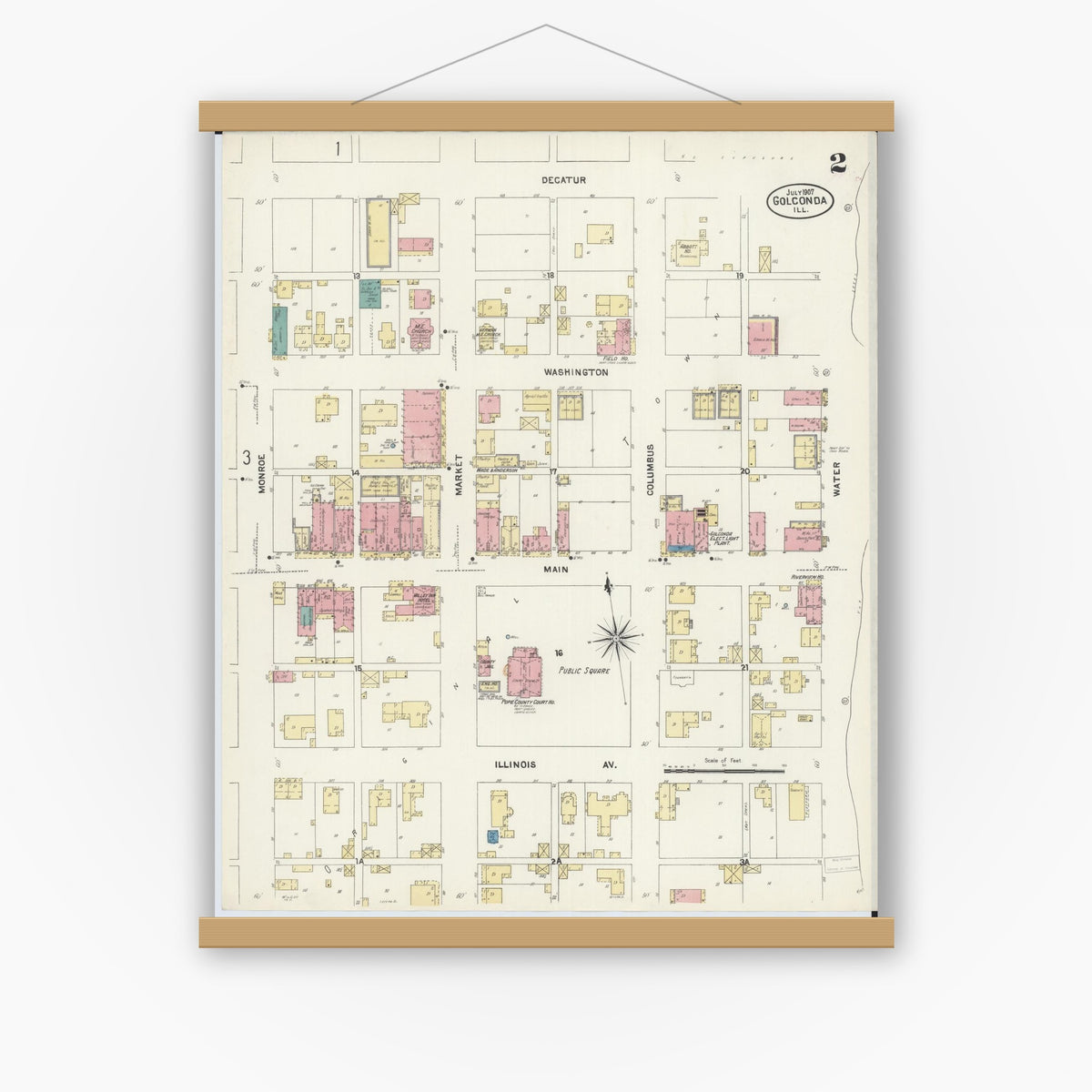 Old map wall art mockup — magnetic wood frame on white wall — Sanborn Fire Insurance Map from Golconda, Pope County, Illinois (1907), Sheet #0002