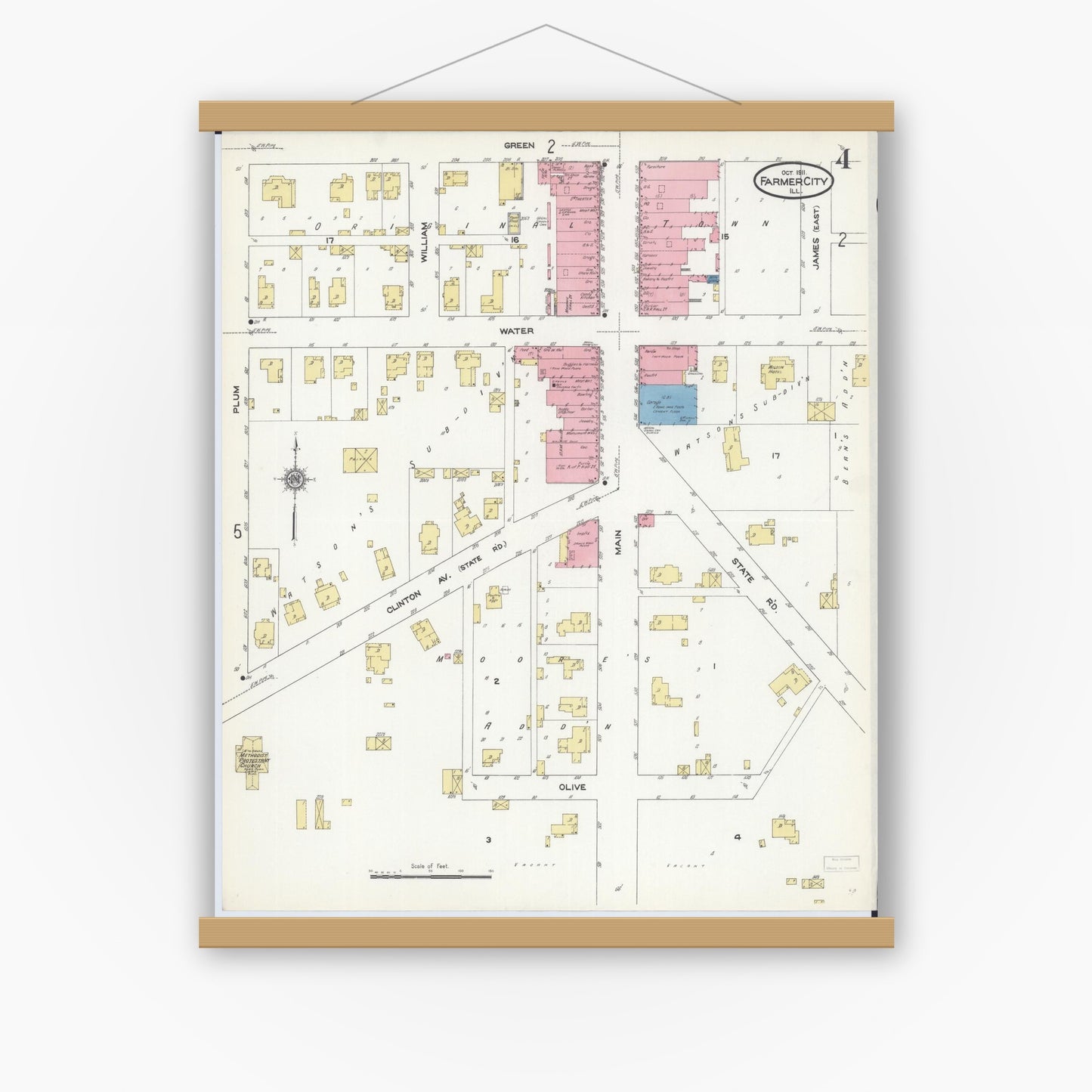 Old map wall art mockup — magnetic wood frame on white wall — Sanborn Fire Insurance Map from Farmer City, De Witt County, Illinois (1911), Sheet #0004