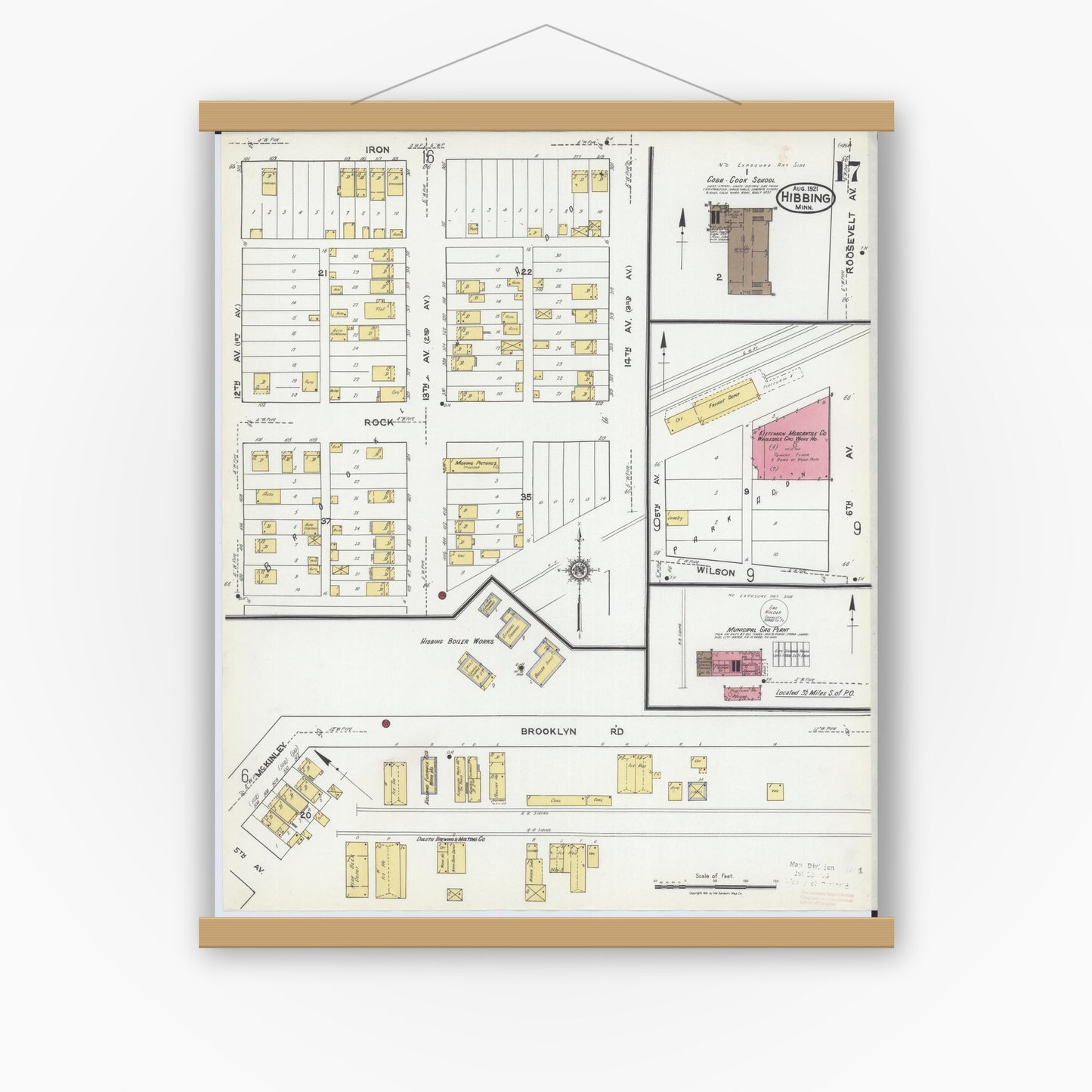 Old map wall art mockup — magnetic wood frame on white wall — Sanborn Fire Insurance Map from Hibbing, Saint Louis County, Minnesota (1921), Sheet #0017