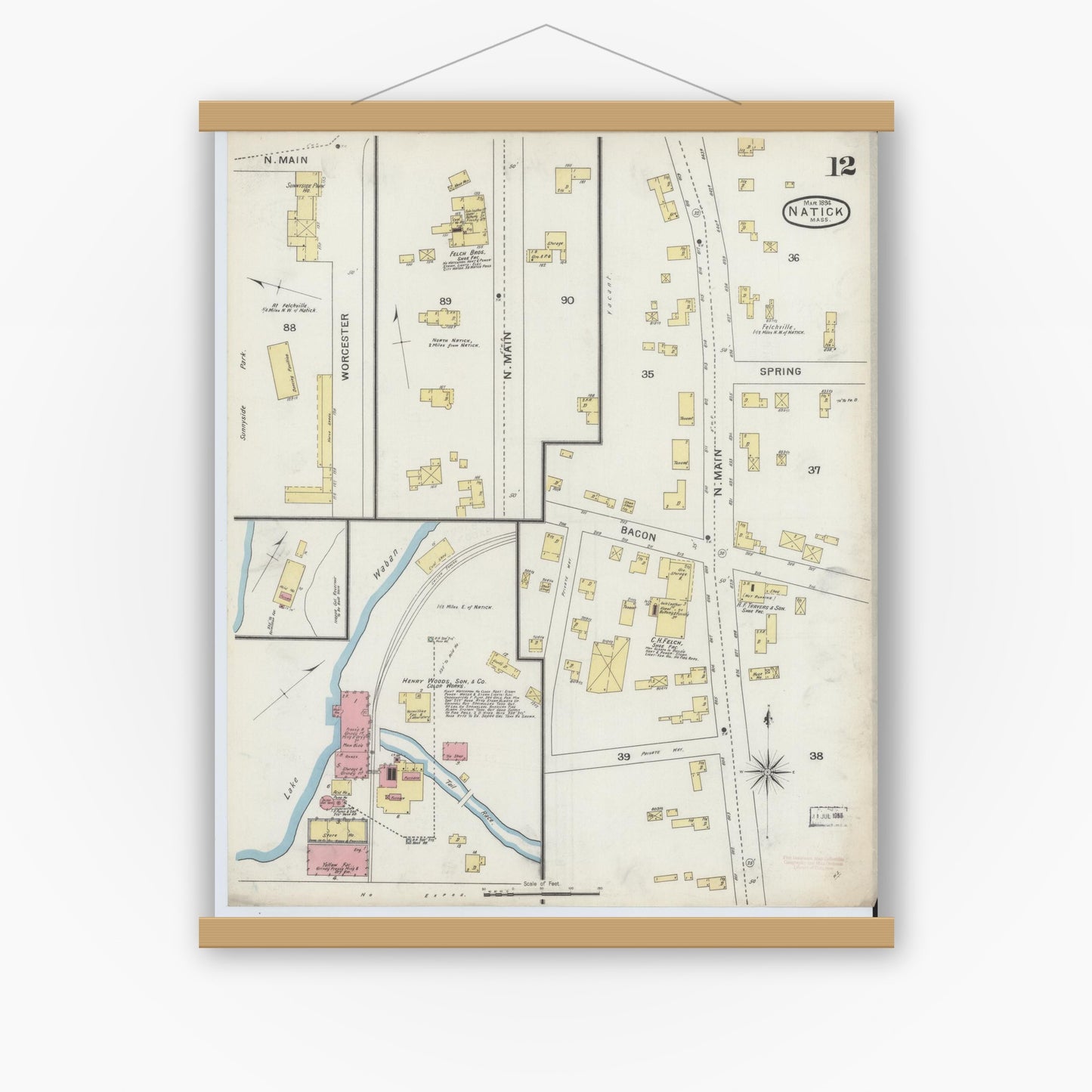 Old map wall art mockup — magnetic wood frame on white wall — Sanborn Fire Insurance Map from Natick, Middlesex County, Massachusetts (1894), Sheet #0012