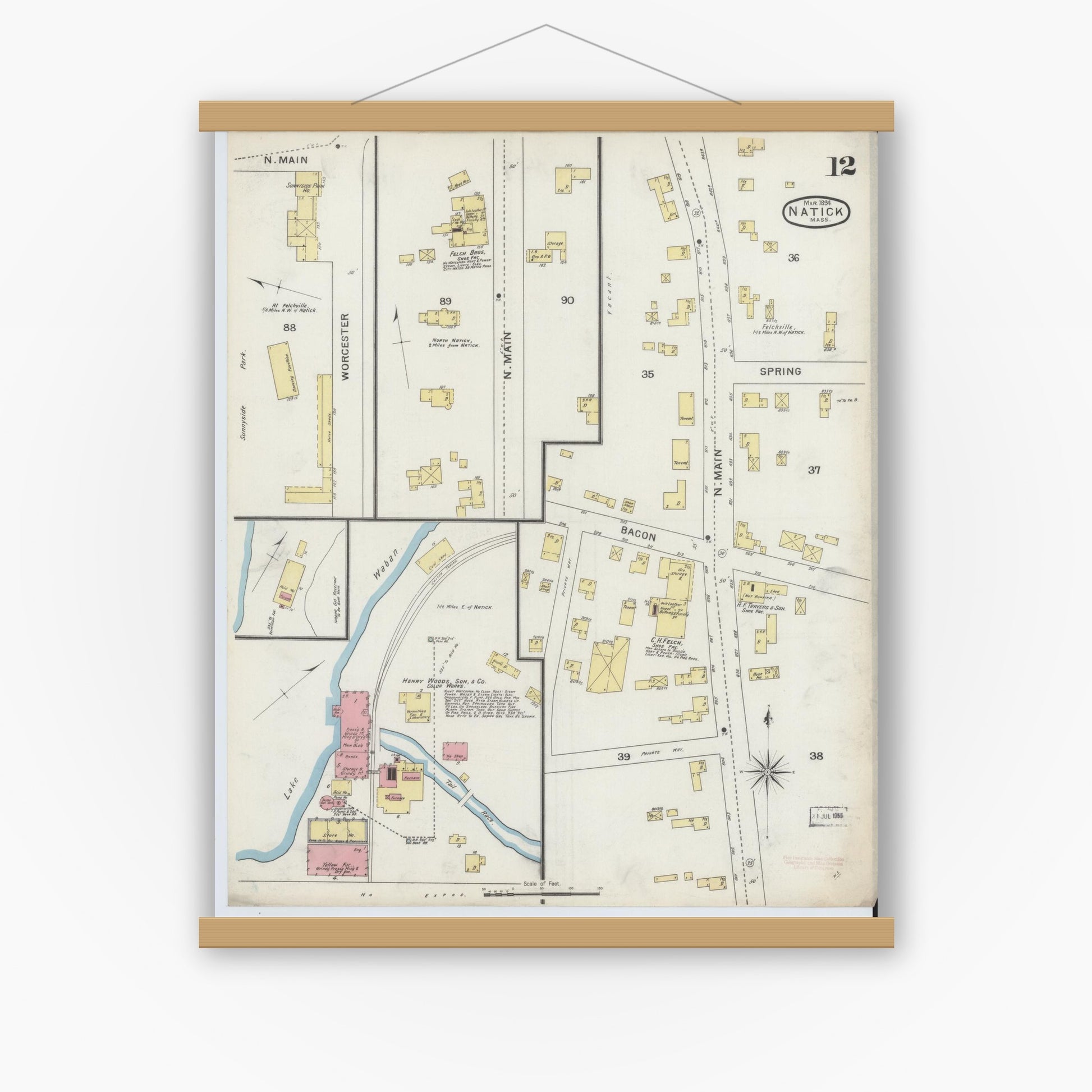 Old map wall art mockup — magnetic wood frame on white wall — Sanborn Fire Insurance Map from Natick, Middlesex County, Massachusetts (1894), Sheet #0012