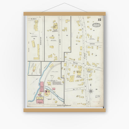 Old map wall art mockup — magnetic wood frame on white wall — Sanborn Fire Insurance Map from Natick, Middlesex County, Massachusetts (1894), Sheet #0012
