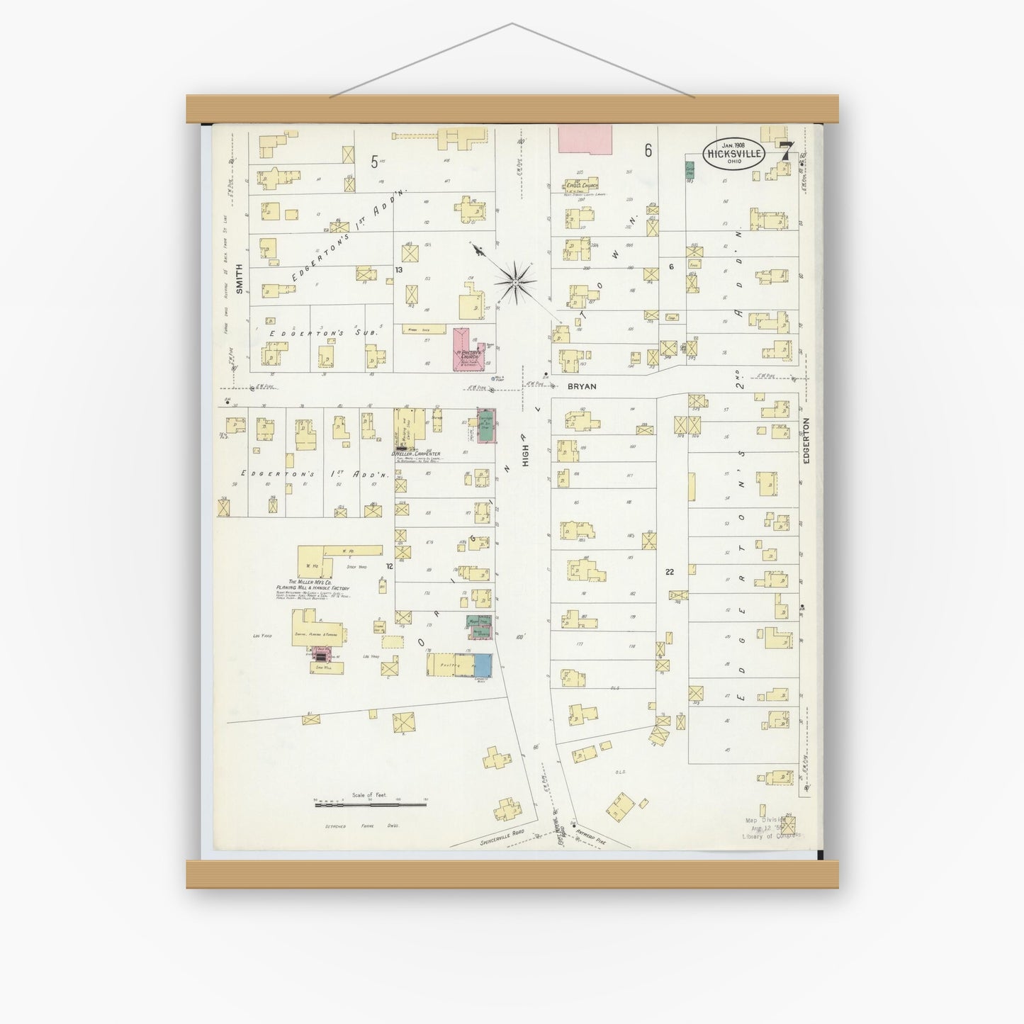 Old map wall art mockup — magnetic wood frame on white wall — Sanborn Fire Insurance Map from Hicksville, Defiance County, Ohio (1908), Sheet #0007