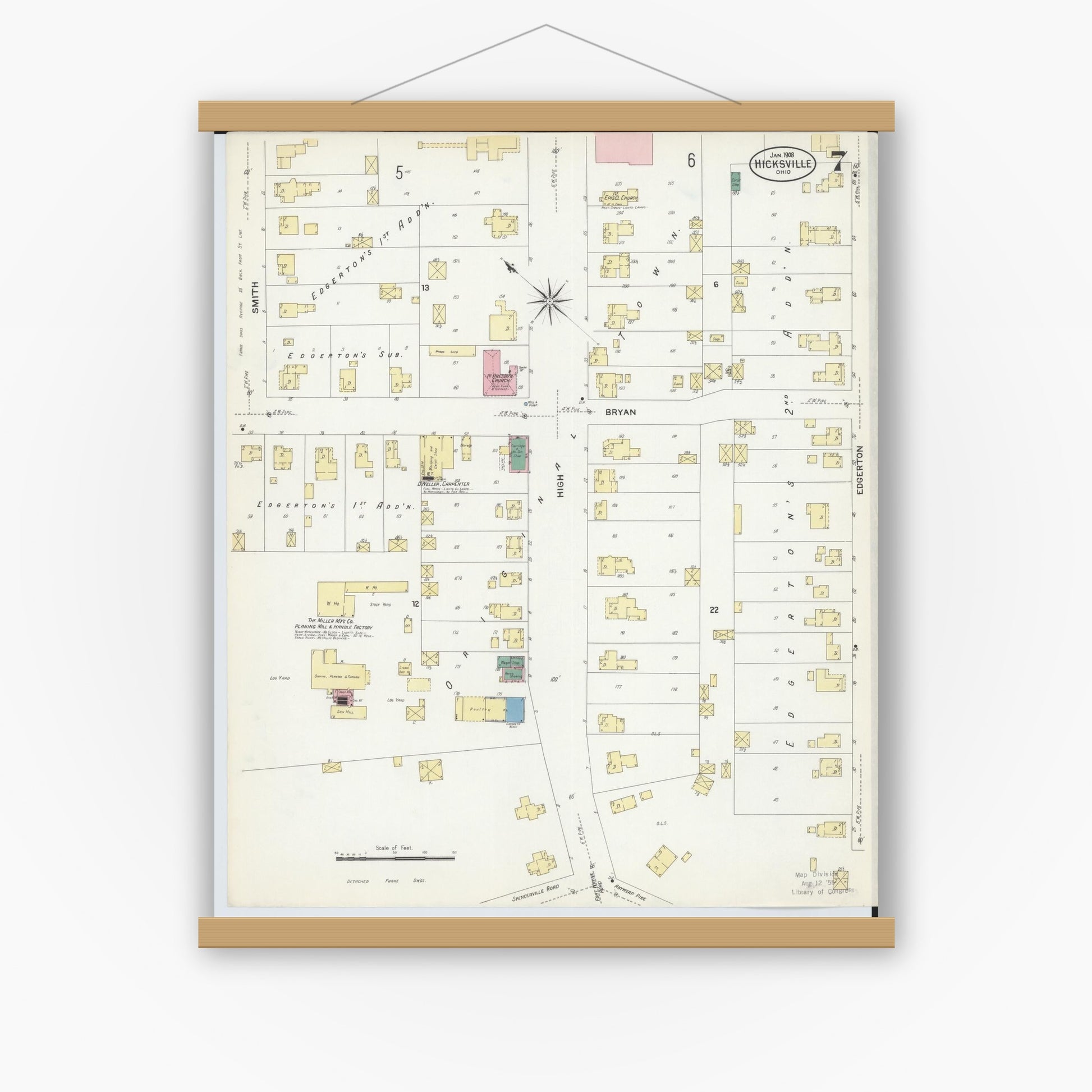 Old map wall art mockup — magnetic wood frame on white wall — Sanborn Fire Insurance Map from Hicksville, Defiance County, Ohio (1908), Sheet #0007