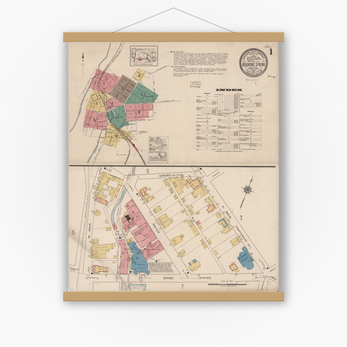 Old map wall art mockup — magnetic wood frame on white wall — Sanborn Fire Insurance Map from Roaring Spring, Blair County, Pennsylvania (1922) - Complete Map Set