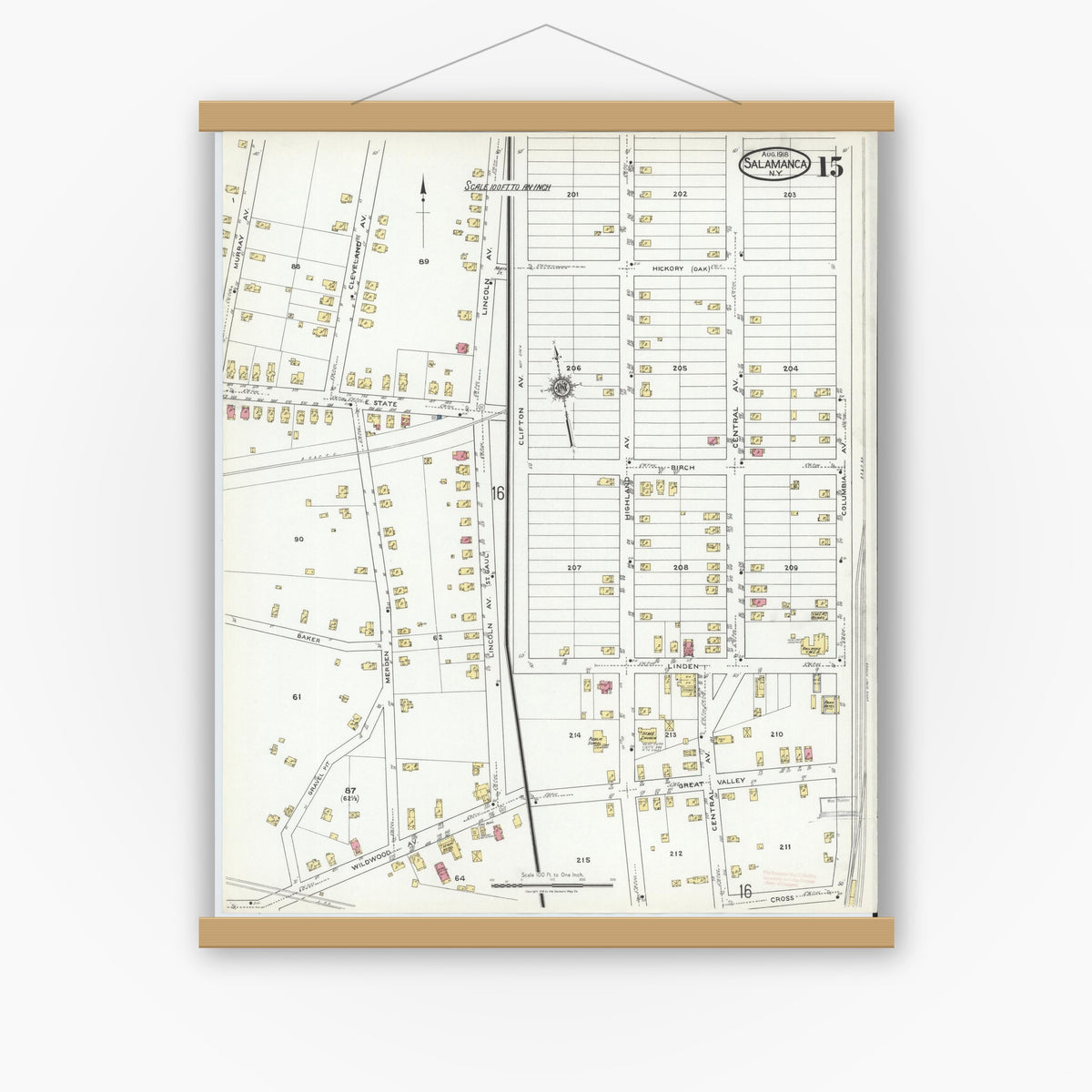 Old map wall art mockup — magnetic wood frame on white wall — Sanborn Fire Insurance Map from Salamanca, Cattaraugus County, New York (1918), Sheet #0015