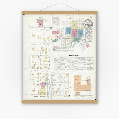 Old map wall art mockup — magnetic wood frame on white wall — Sanborn Fire Insurance Map from Rochelle, Ogle County, Illinois (1912), Sheet #0001