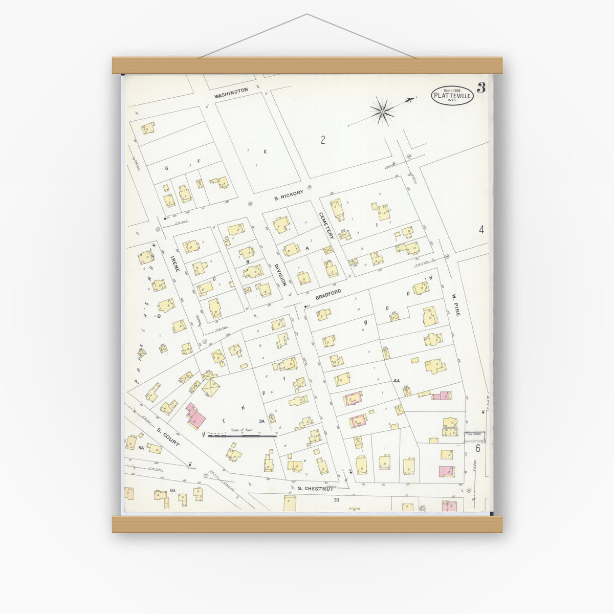 Old map wall art mockup — magnetic wood frame on white wall — Sanborn Fire Insurance Map from Platteville, Grant County, Wisconsin (1908), Sheet #0003